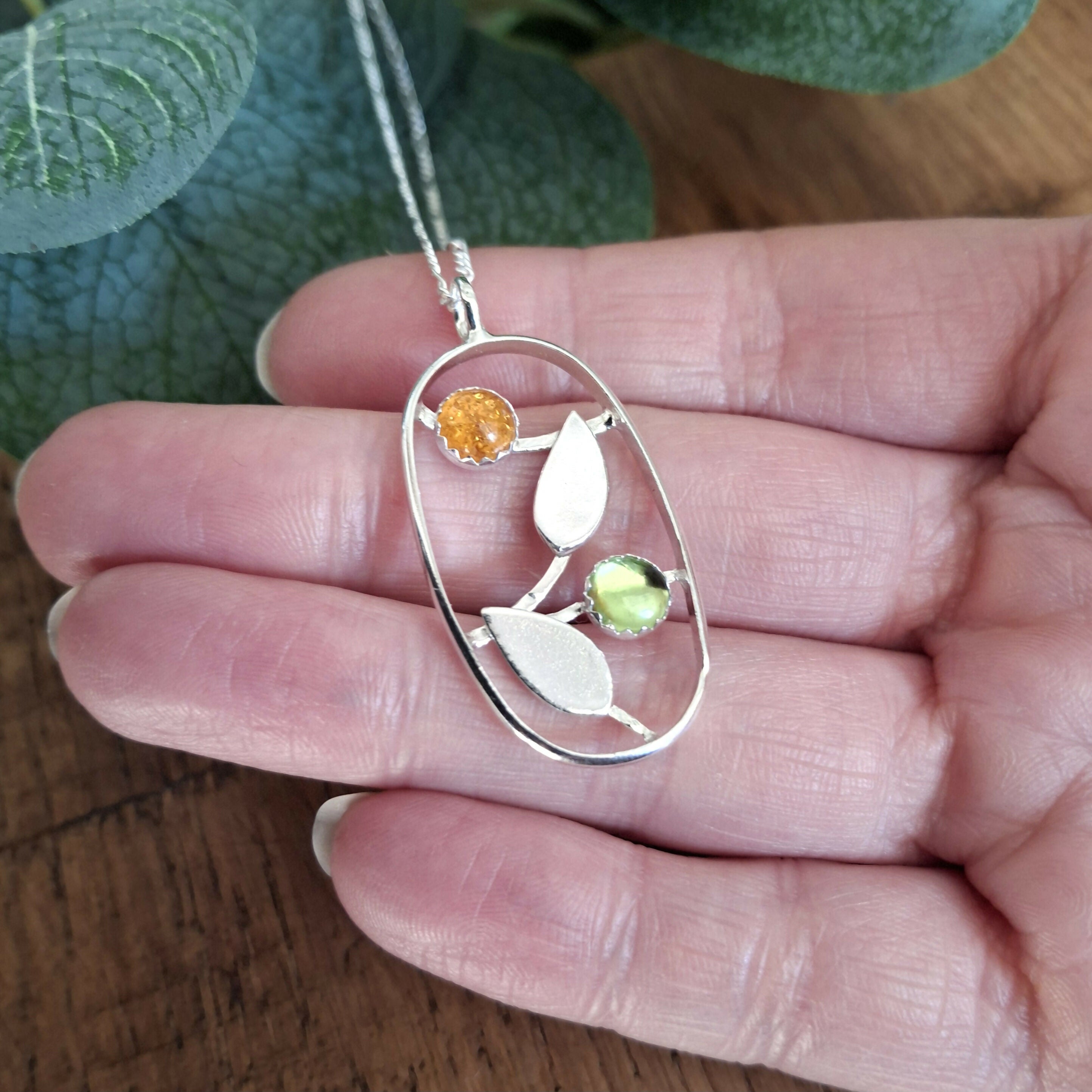 Handmade Oval Silver Leaf Necklace With Amber & Peridot