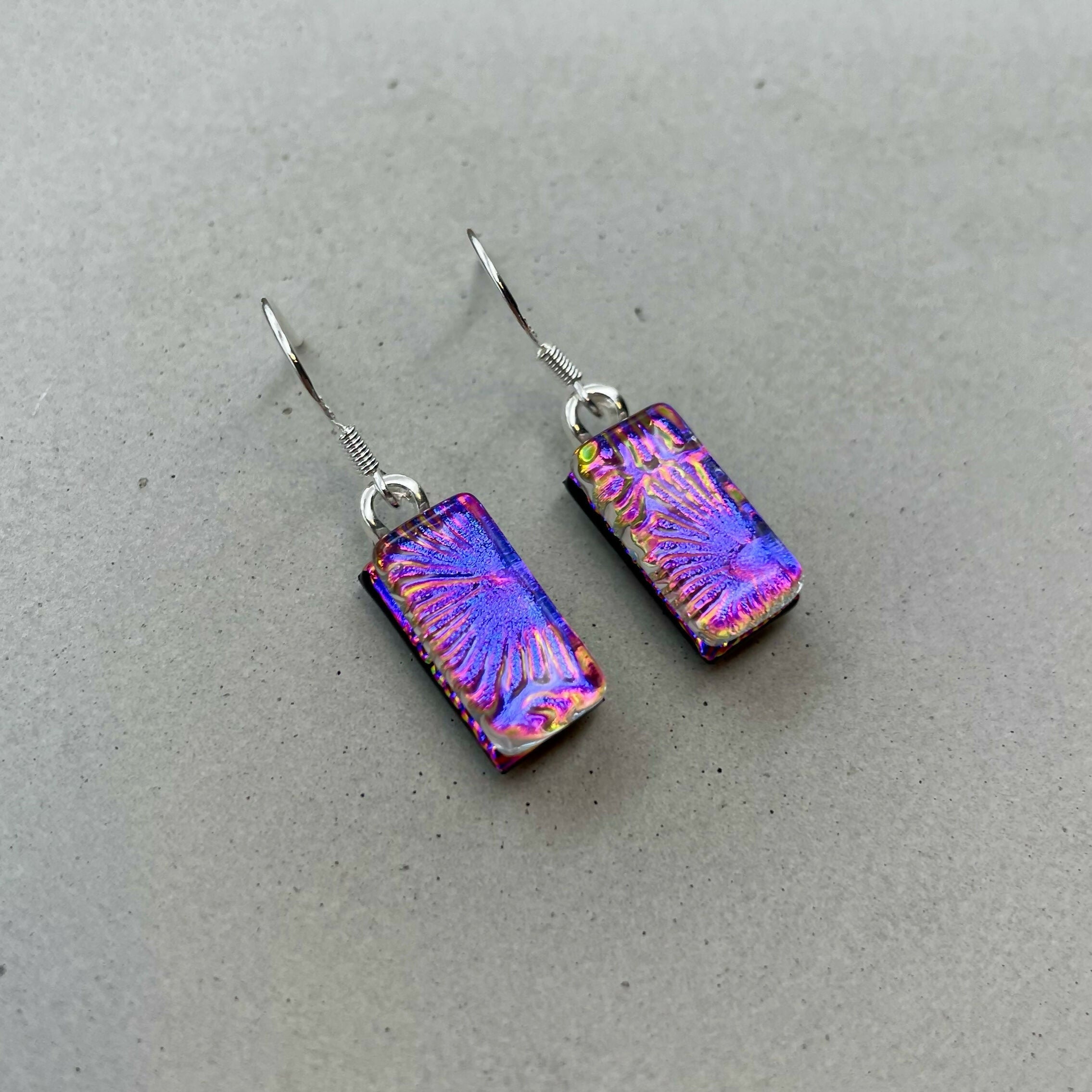 Pink & Purple Flower Dichroic Fused Glass Dangle Sterling Silver Earrings - Handmade by Jade Tapson Glass.