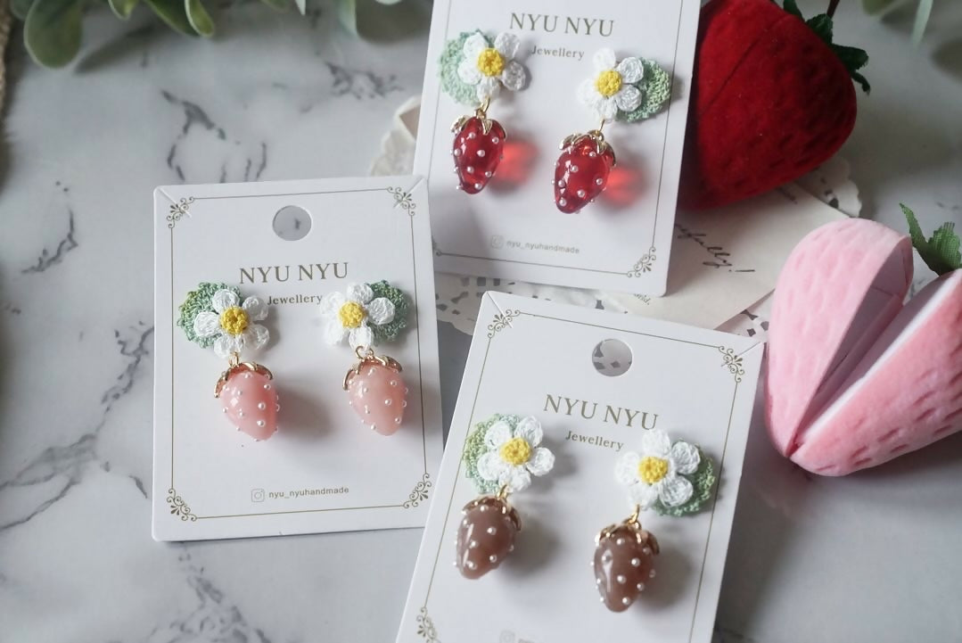 Handmade Micro Crochet Flower with Strawberry Charm Earrings