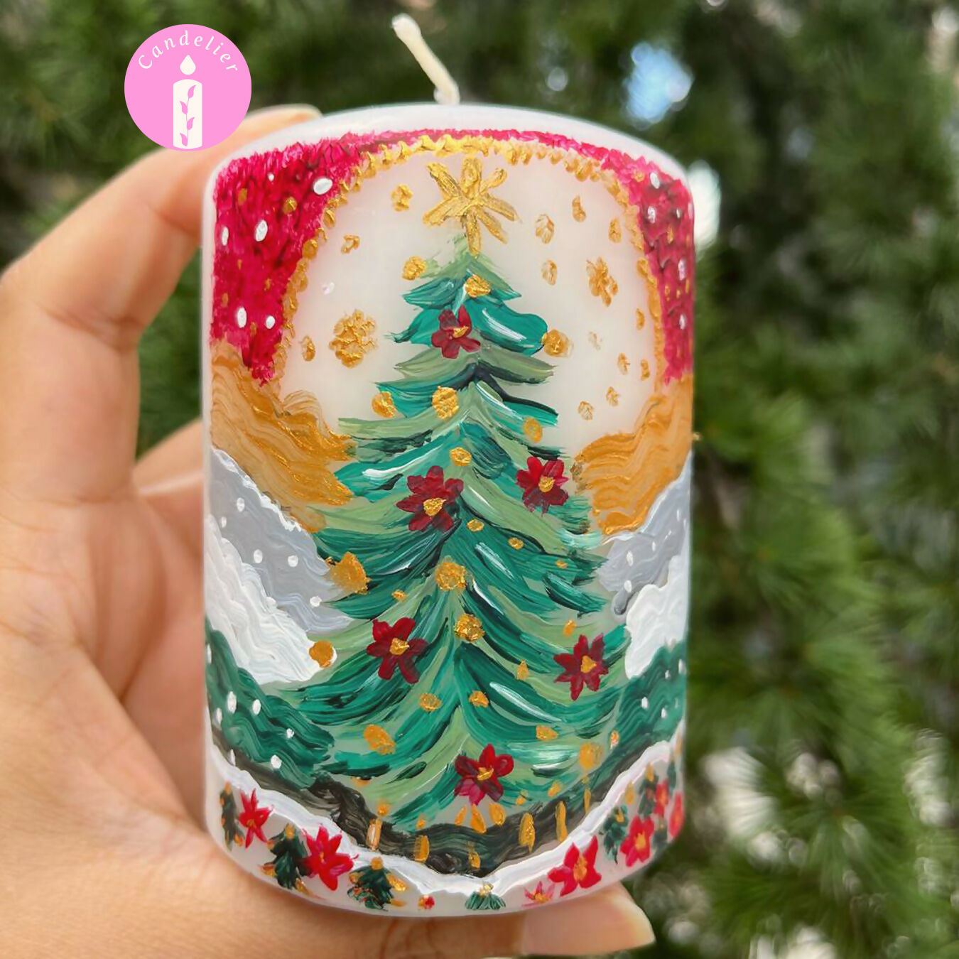 Christmas Tree Design on White Candle