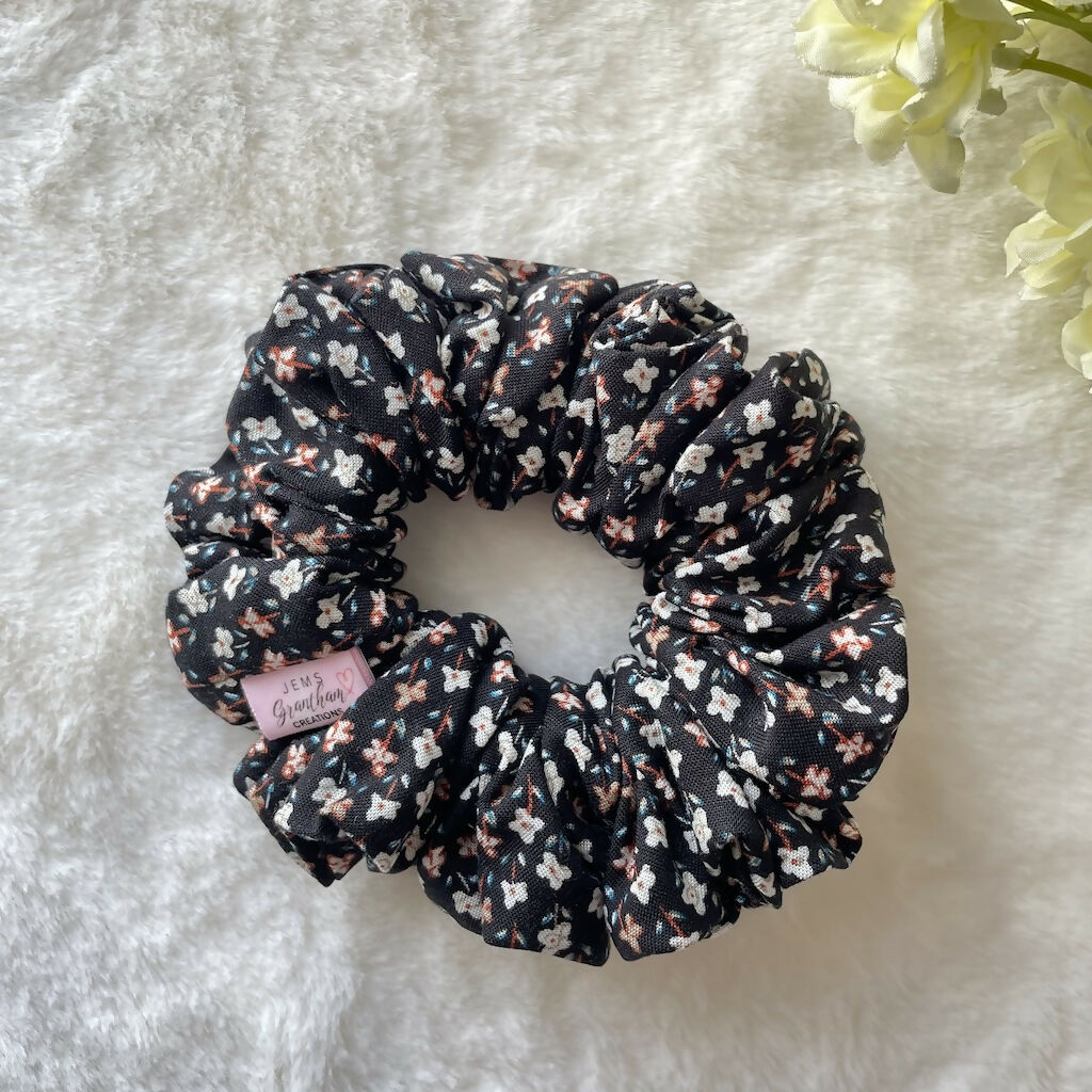 Handmade Scrunchie Black Ditsy Cotton