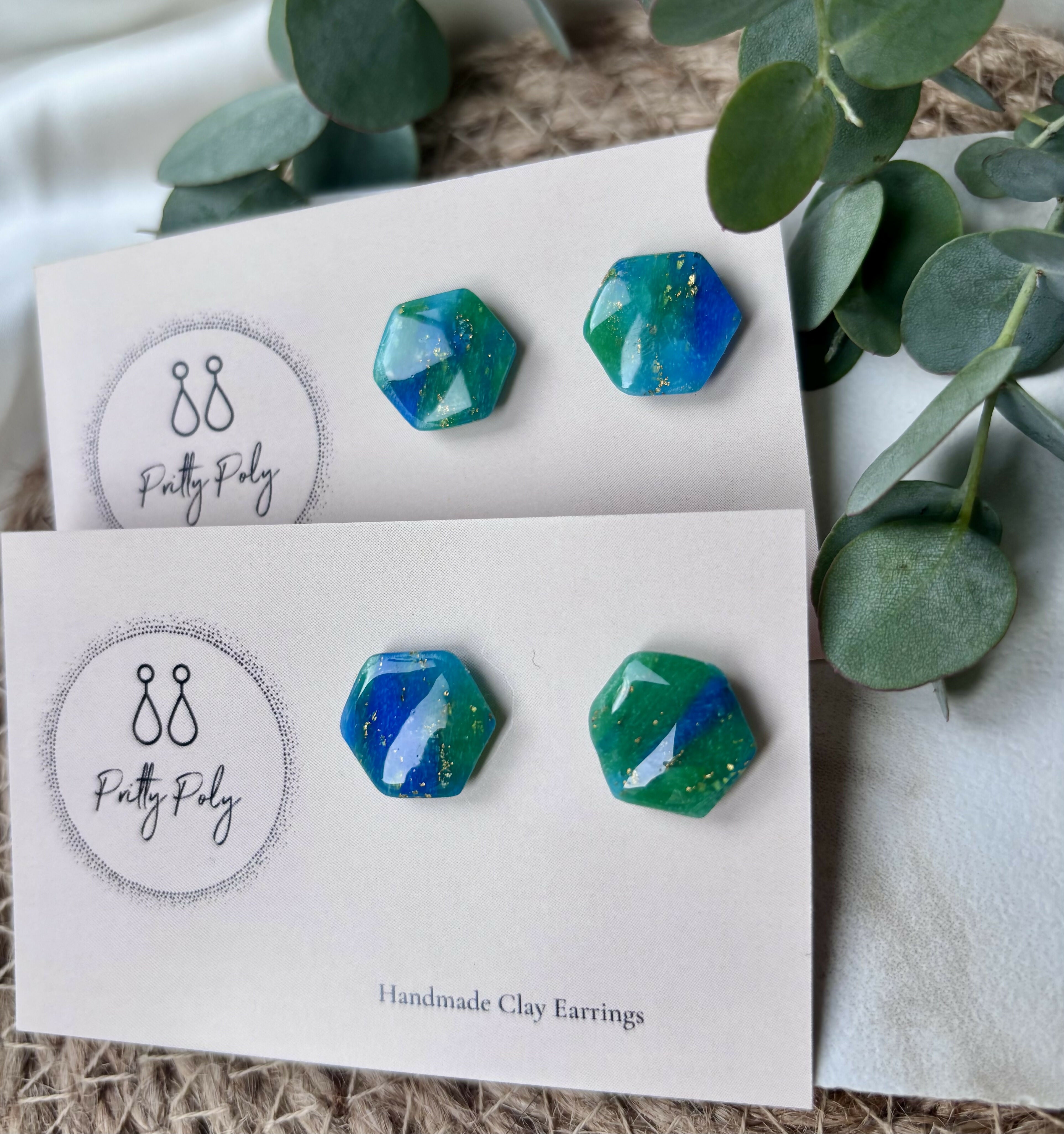 Blue and Gold Fleck Pentagon Polymer Clay Studs