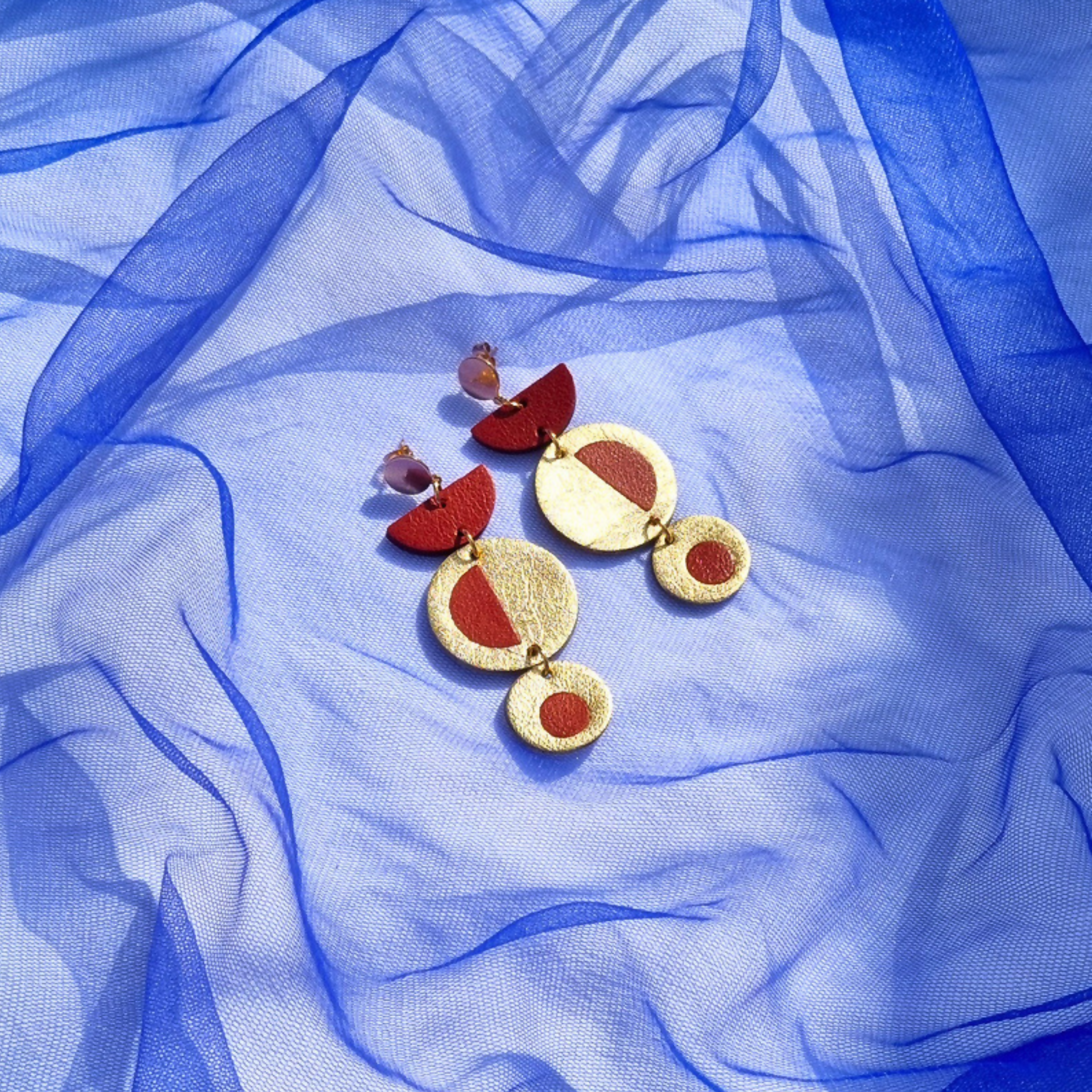 Three Tiered Gold and Red Inlay Earrings