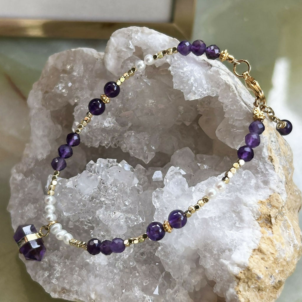Handmade Gold Vermeil Amethyst And Freshwater Pearl Charm Bracelet.