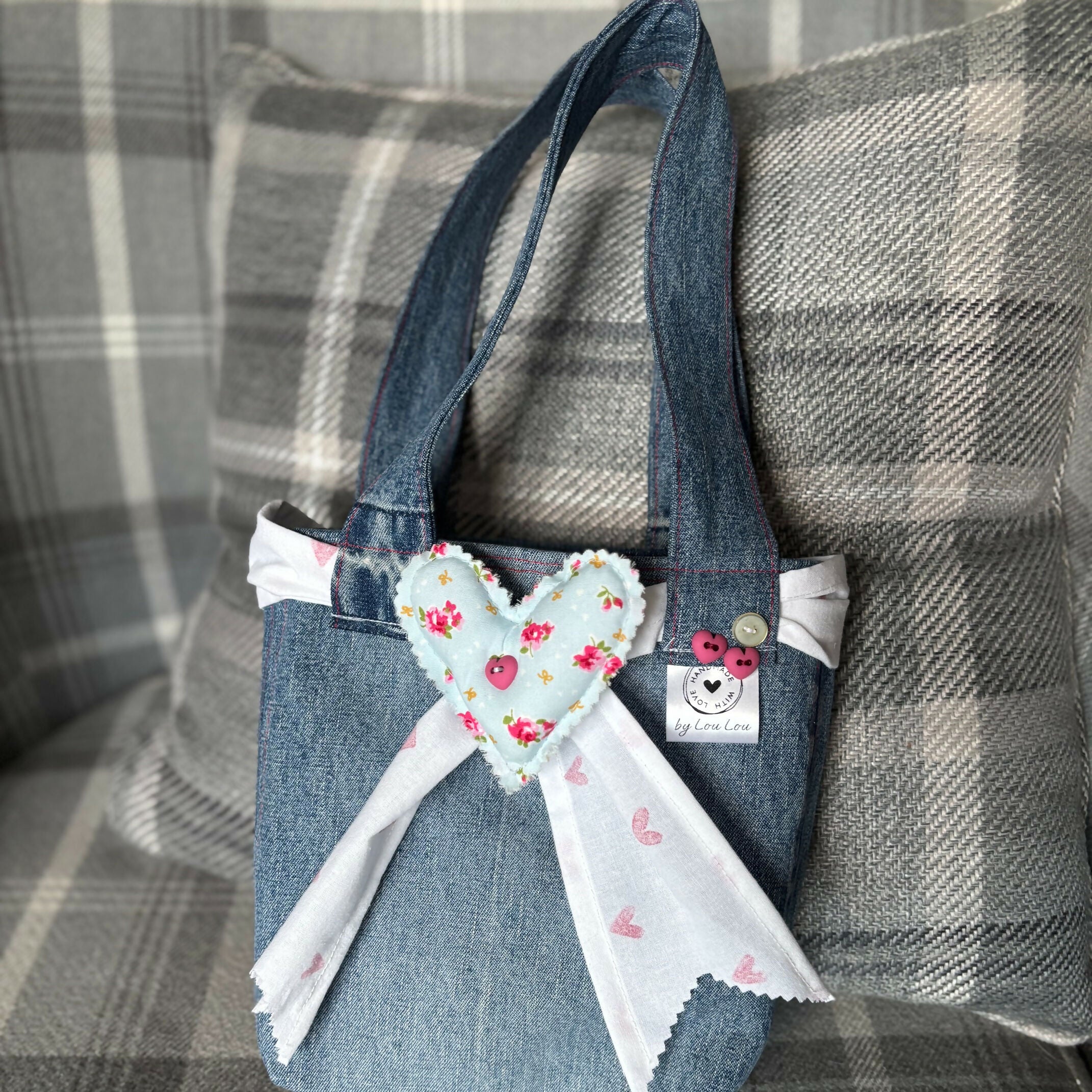 Unique Handcrafted Cute Denim Tote Bag Handbag Made From Upcycled Jeans With Padded Heart Decoration