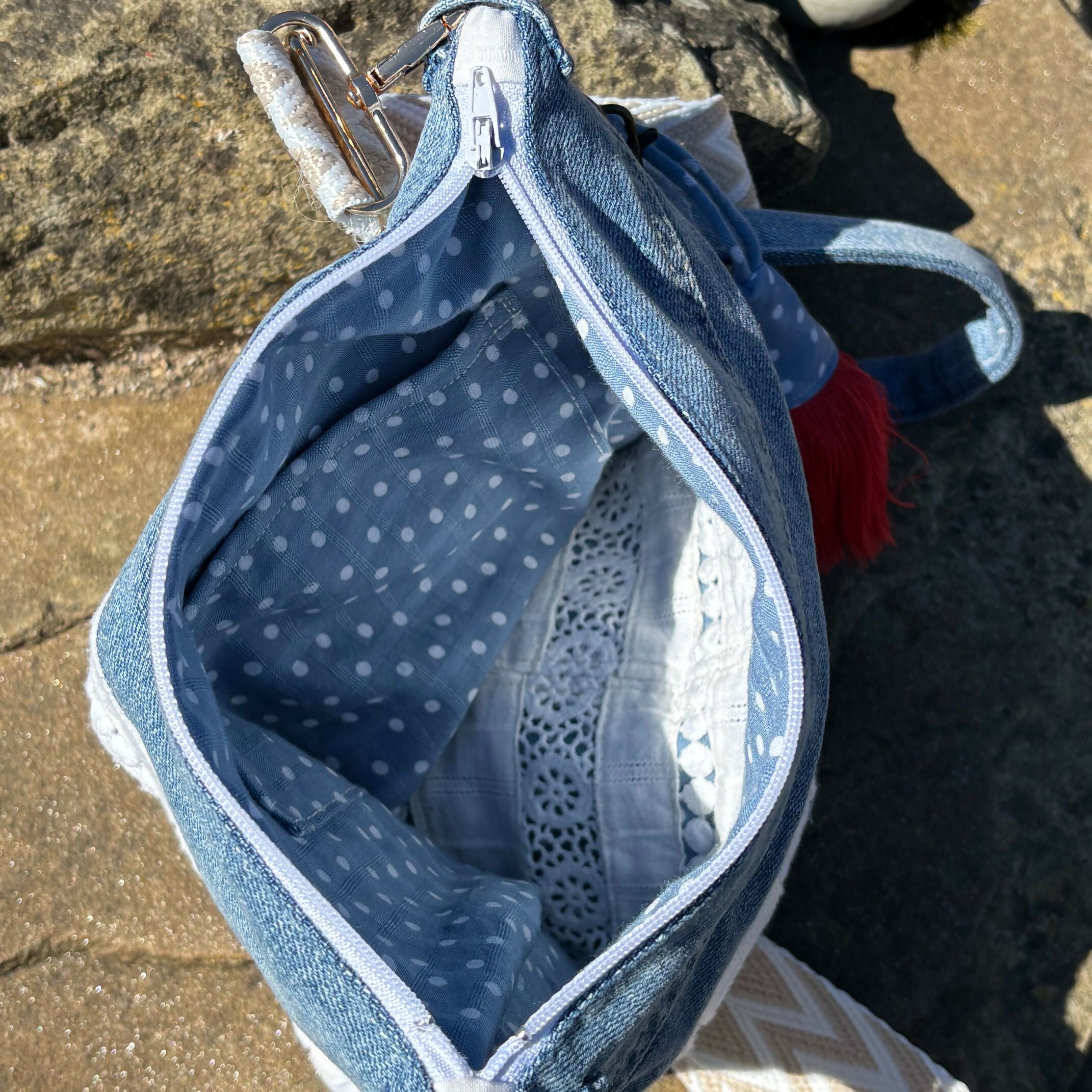 Unique Bag Handbag Made From Upcycled Jeans With Detachable Handle And Wrist Strap Plus Gonk Decoration