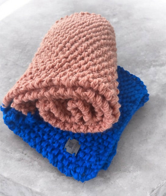 LARGE COSY CHUNKY SCARF - ELECTRIC BLUE & PINK SALMON