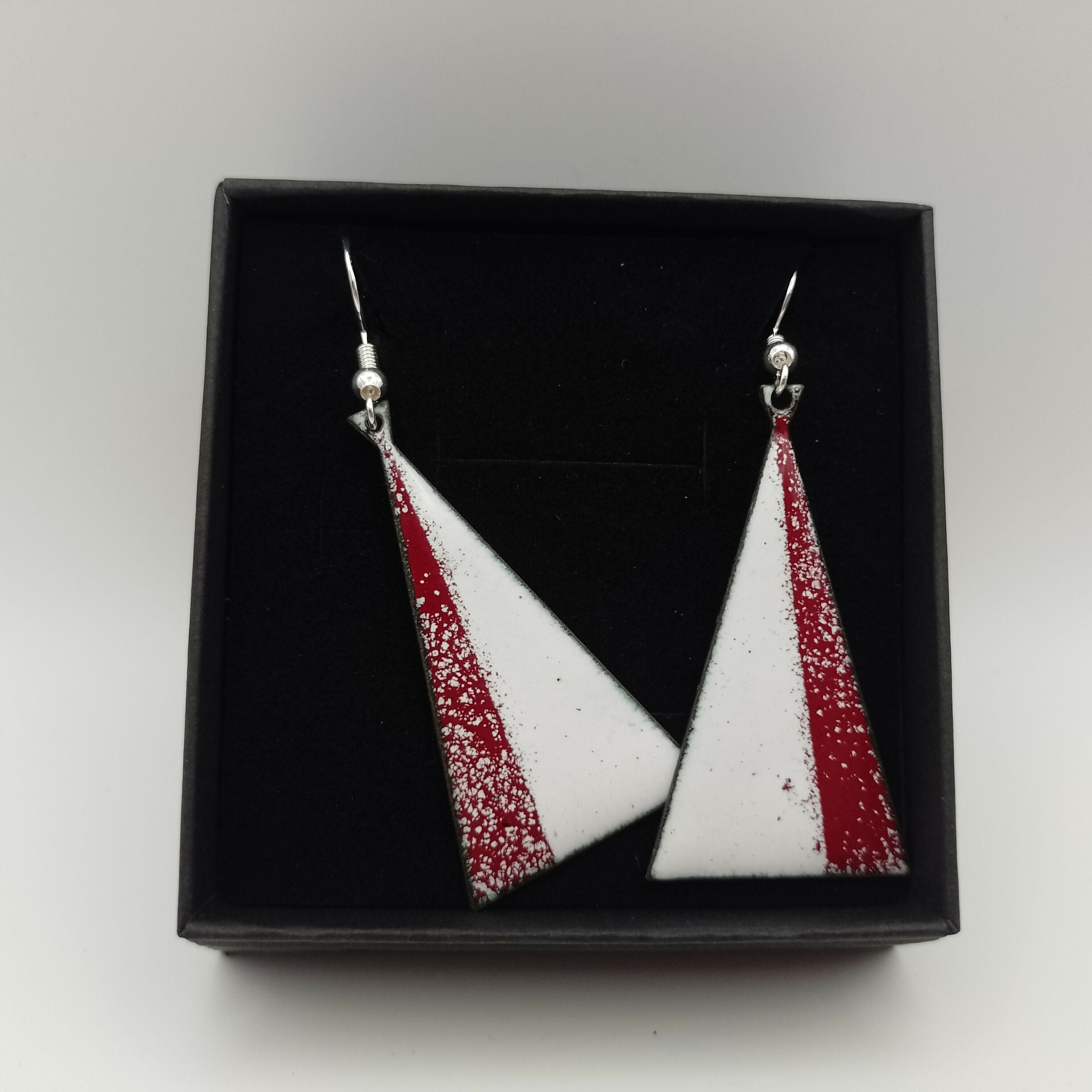 Triangular Red And White Enamel Earrings