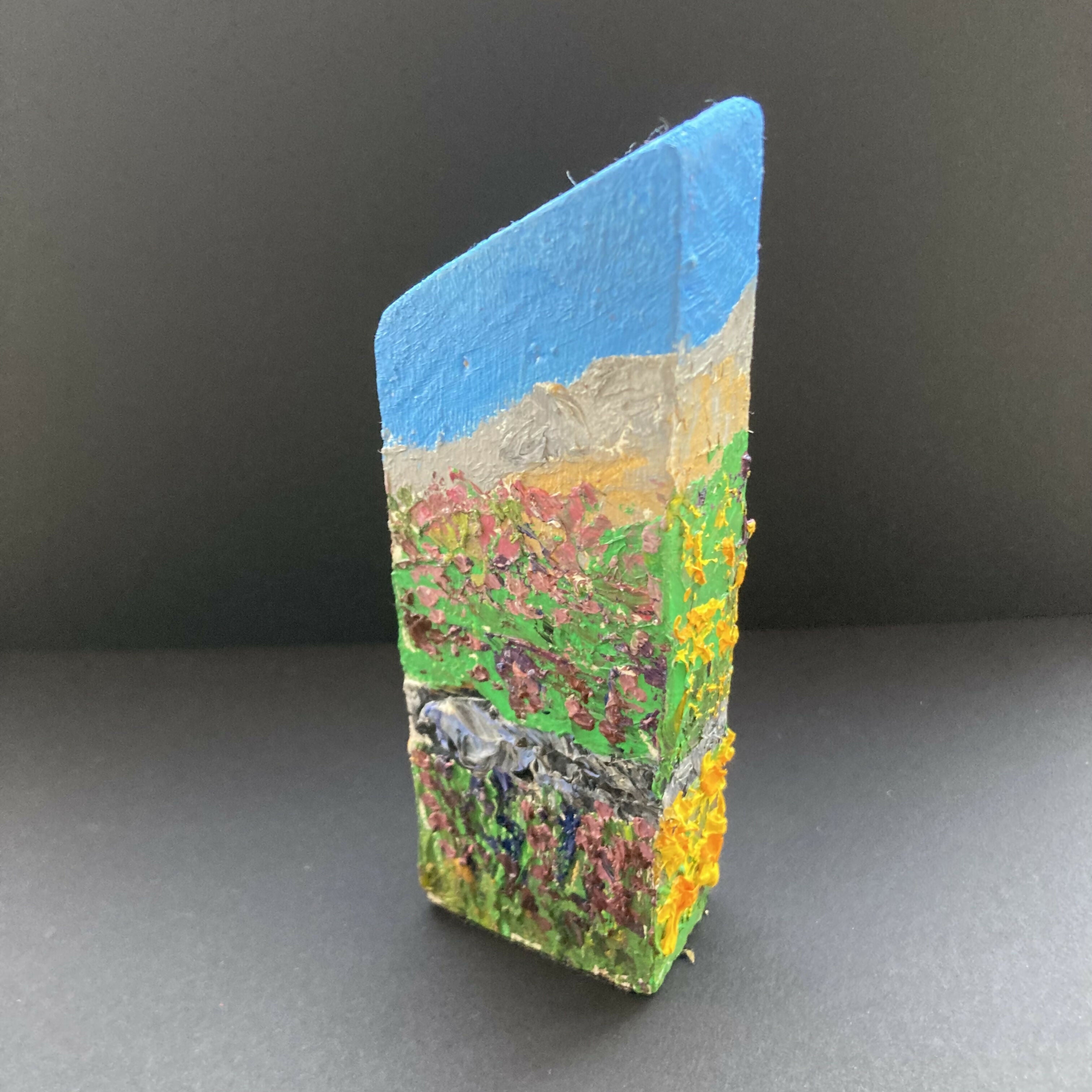 Stone Wall Heather & Poppies Oil Painting Wooden Block
