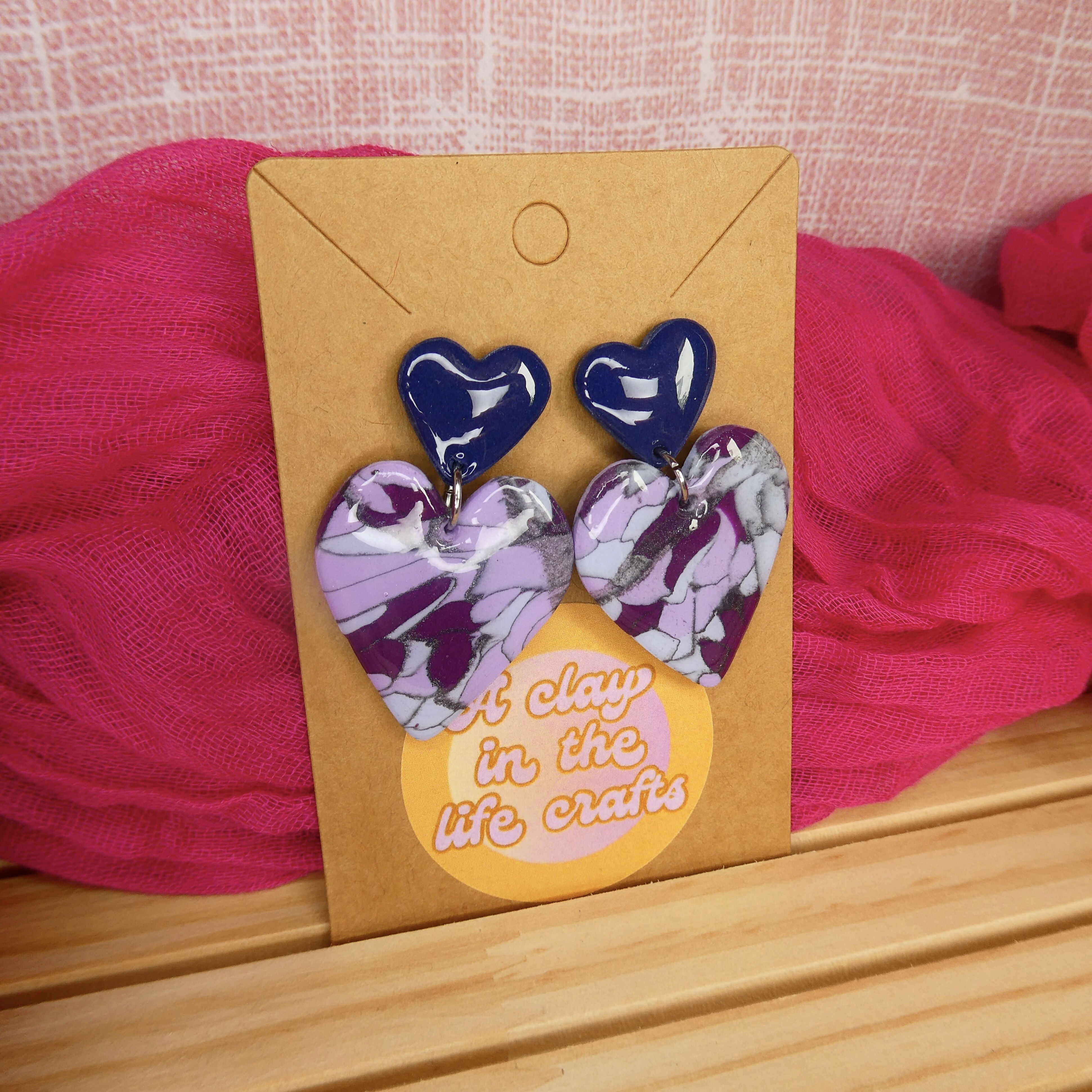 Blue And Purple Mosaic Heart Polymer Clay Earrings