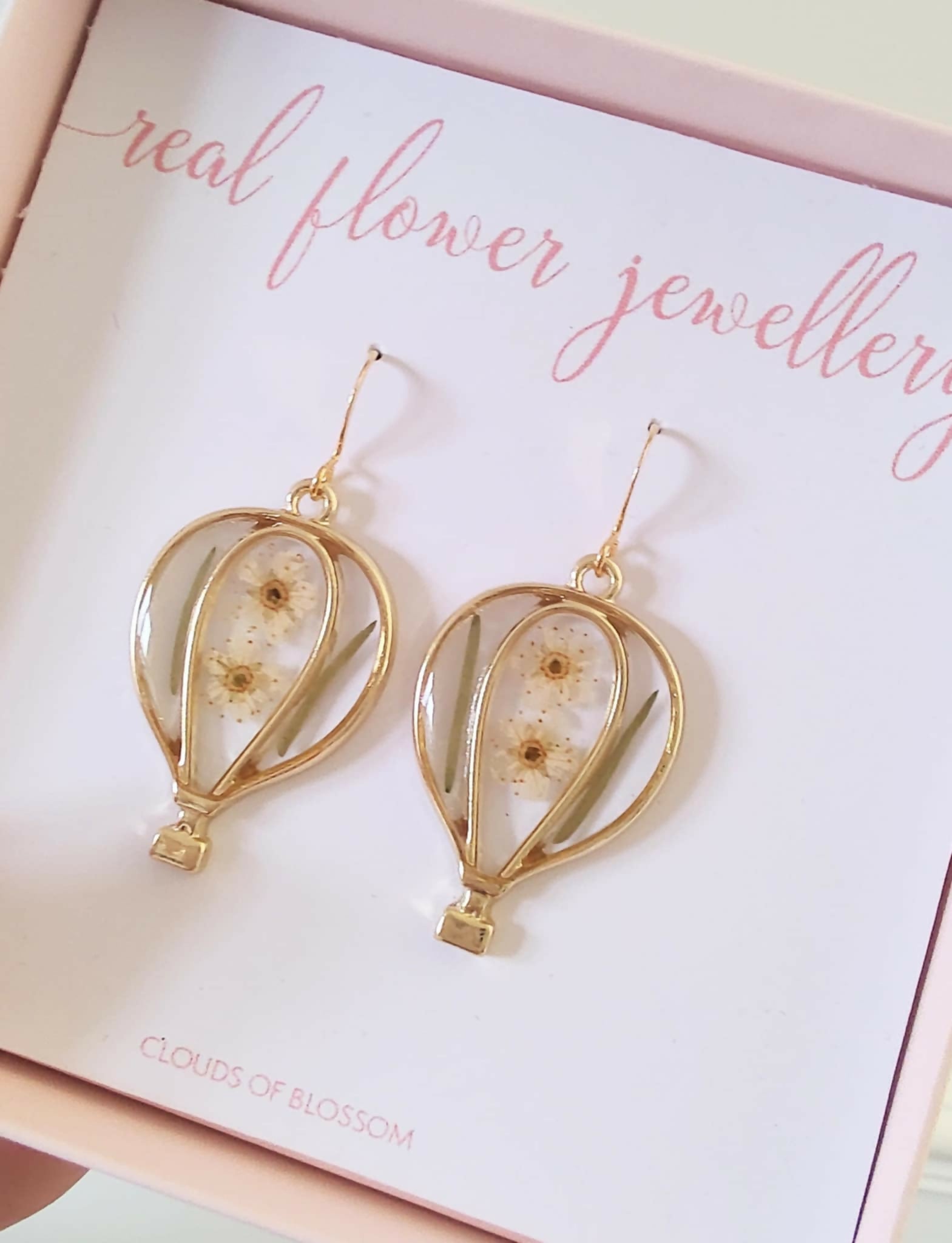 Real Flower Hot Air Balloon Earrings Gold Plated