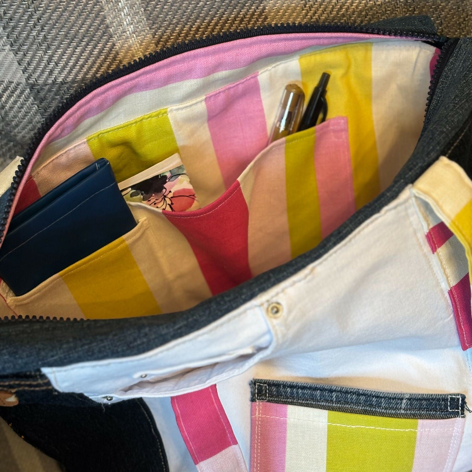 Unique Handcrafted Large Denim Tote Bag Handbag Made From Upcycled Blue And White Jeans