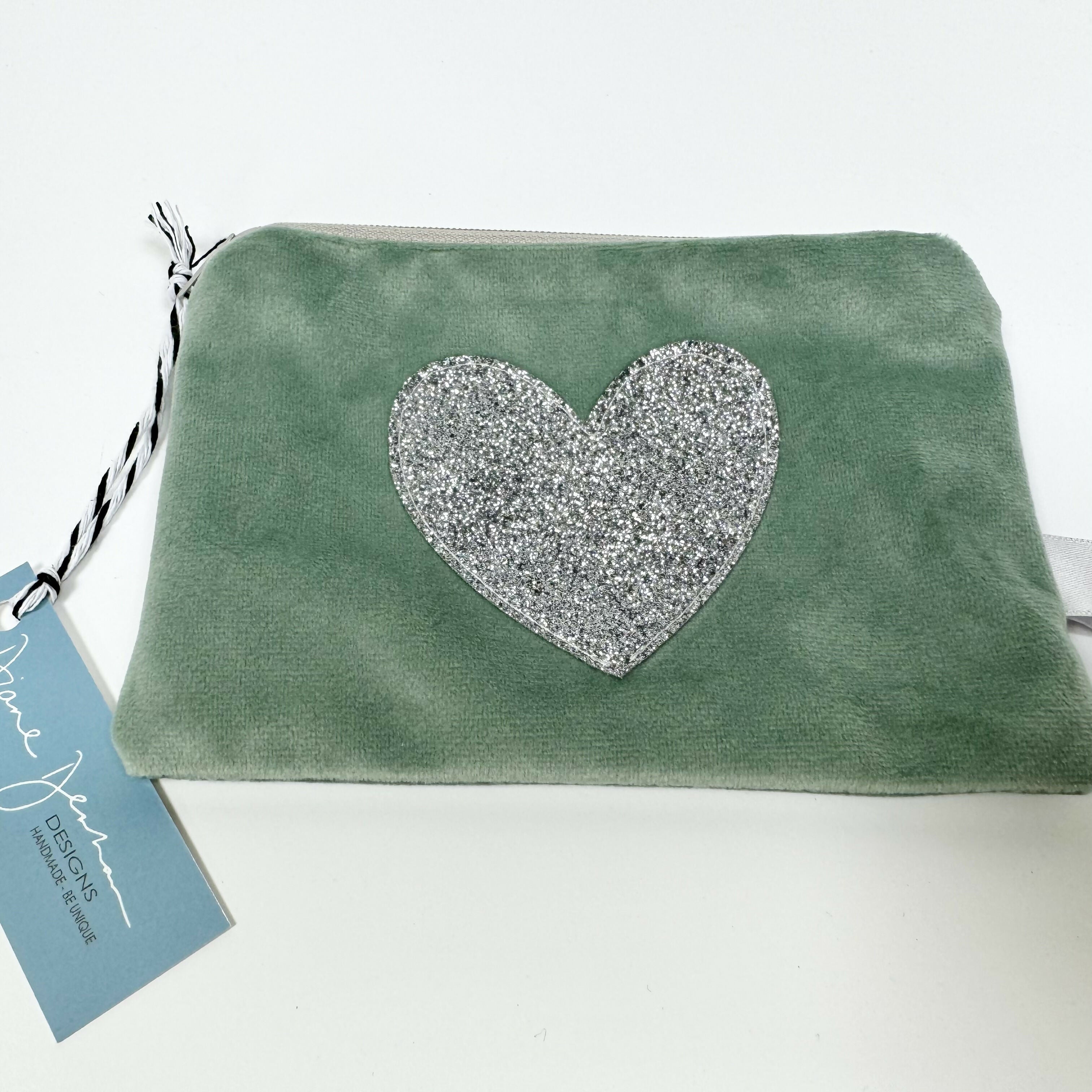 Sage Green Velvet Purse with Silver Sparkle Heart