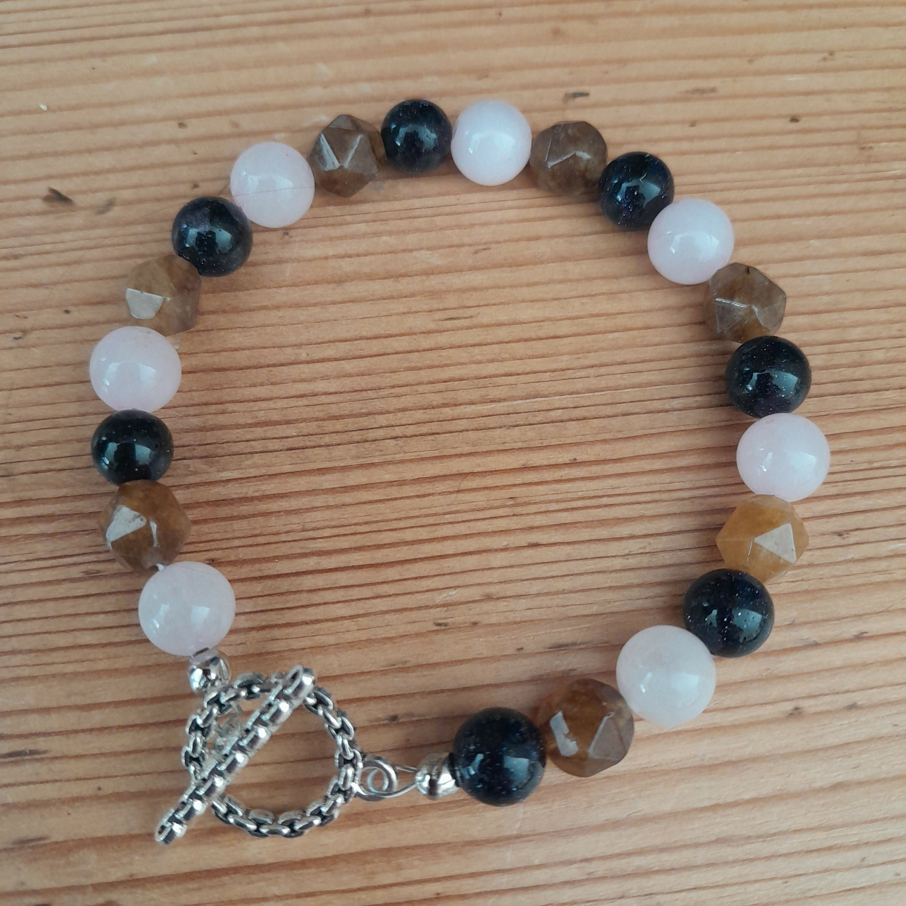Tibetan Silver Toggle Bracelet with Rose Quartz, Faceted Indian Agate and Navy Goldstone.