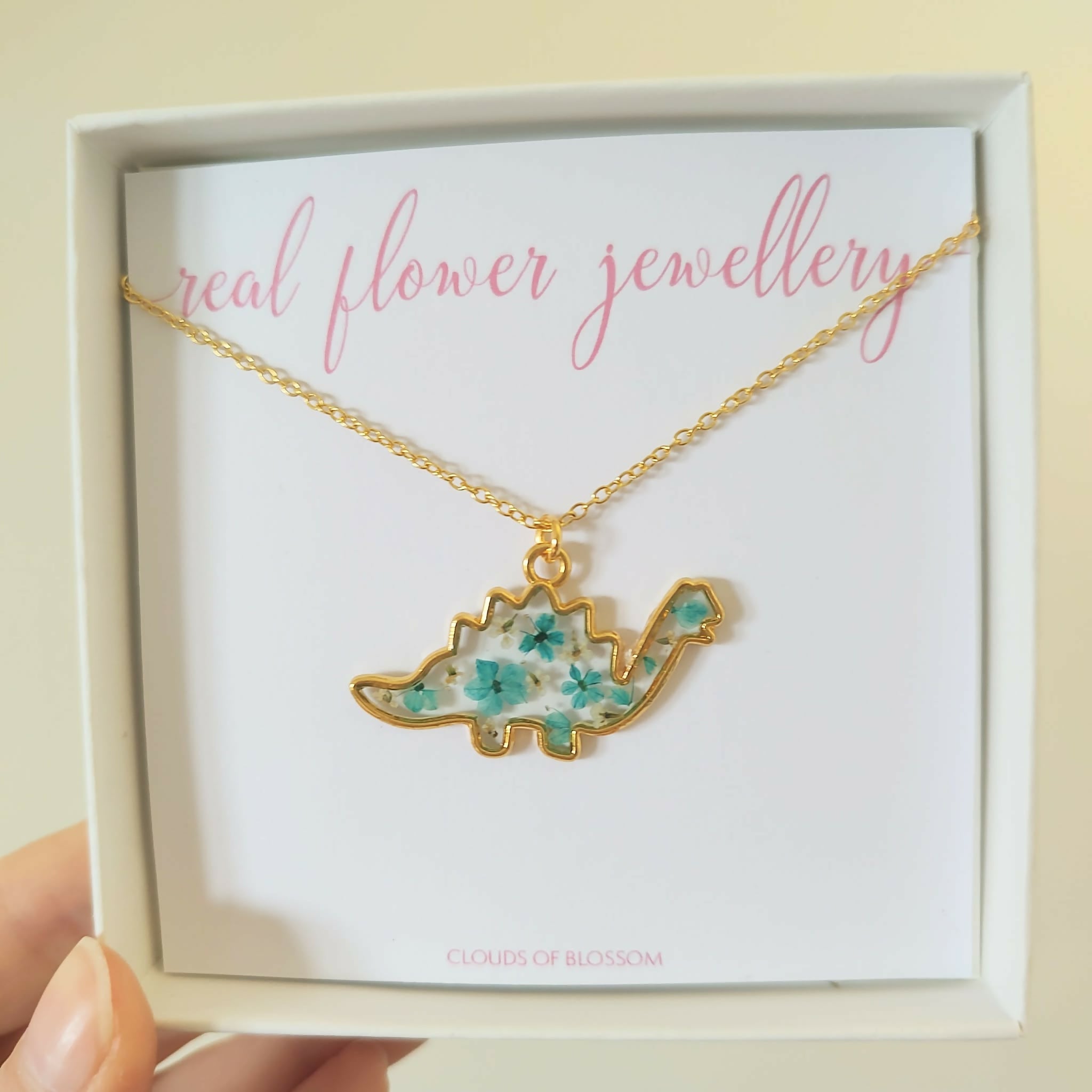 Real Flower Dinosaur Green Necklace Gold Plated