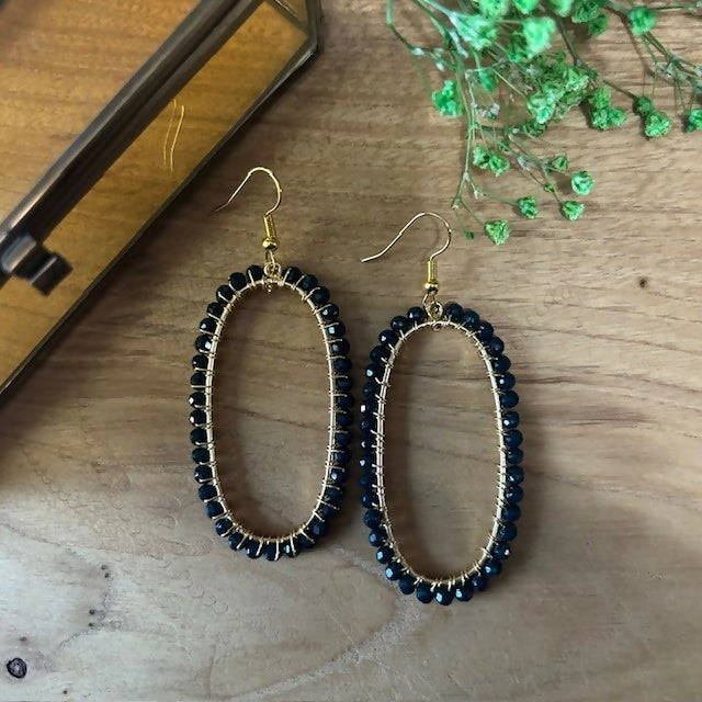 Large Gold Plated Blue Agate Beaded Earrings