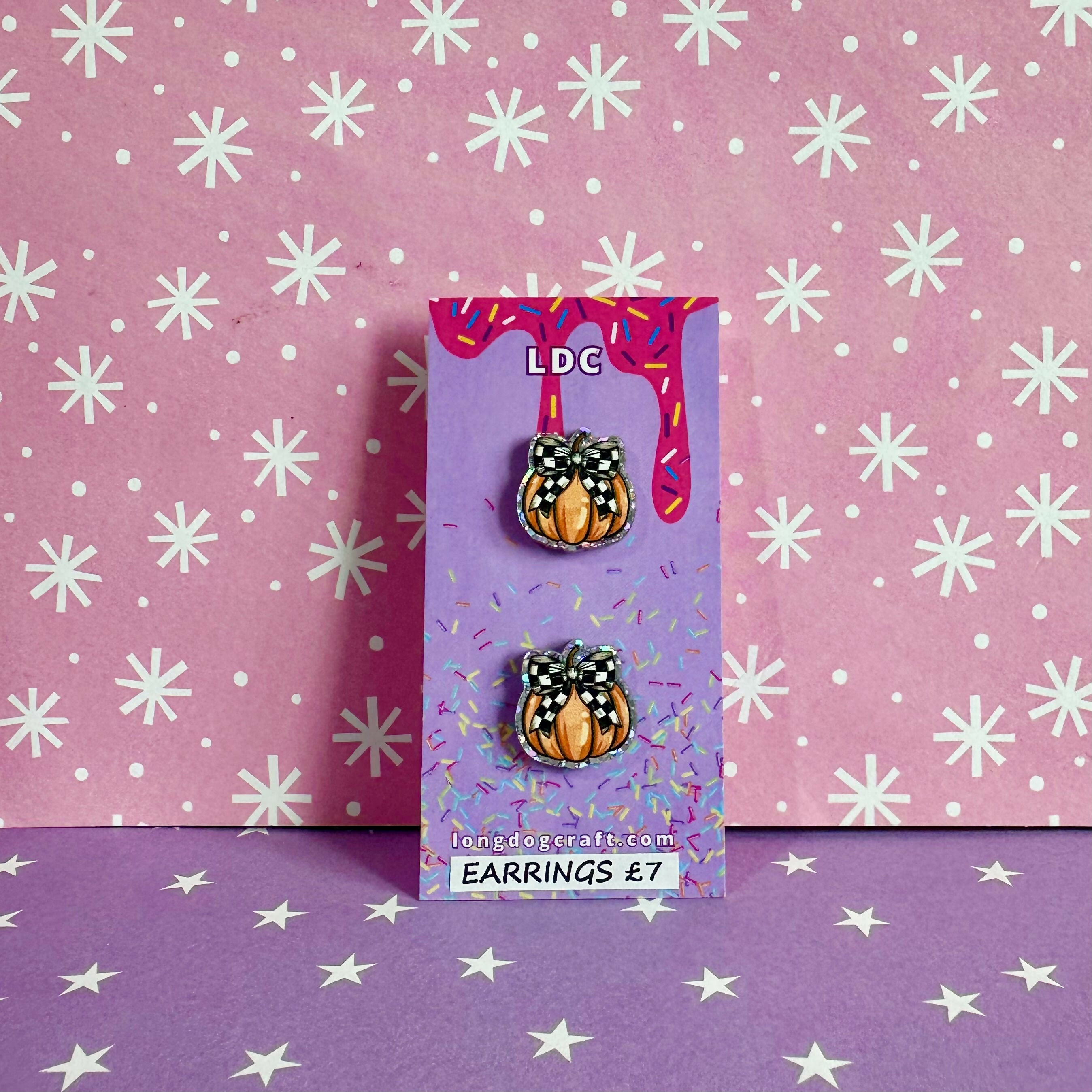 Acrylic Checker Bow Pumpkin Stud Earrings