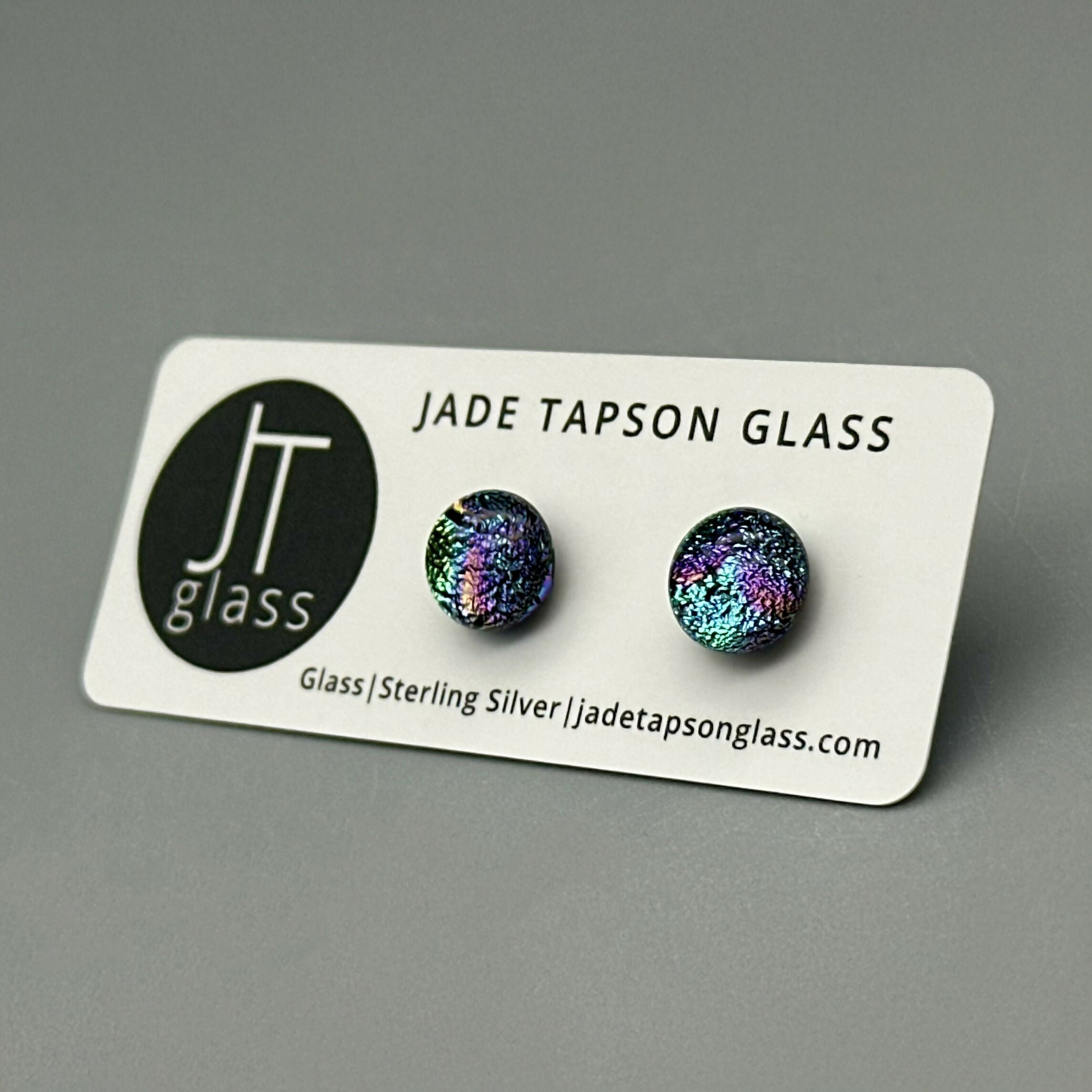 Rainbow Dichroic Fused Glass Sterling Silver Stud Earrings - Handmade by Jade Tapson Glass.