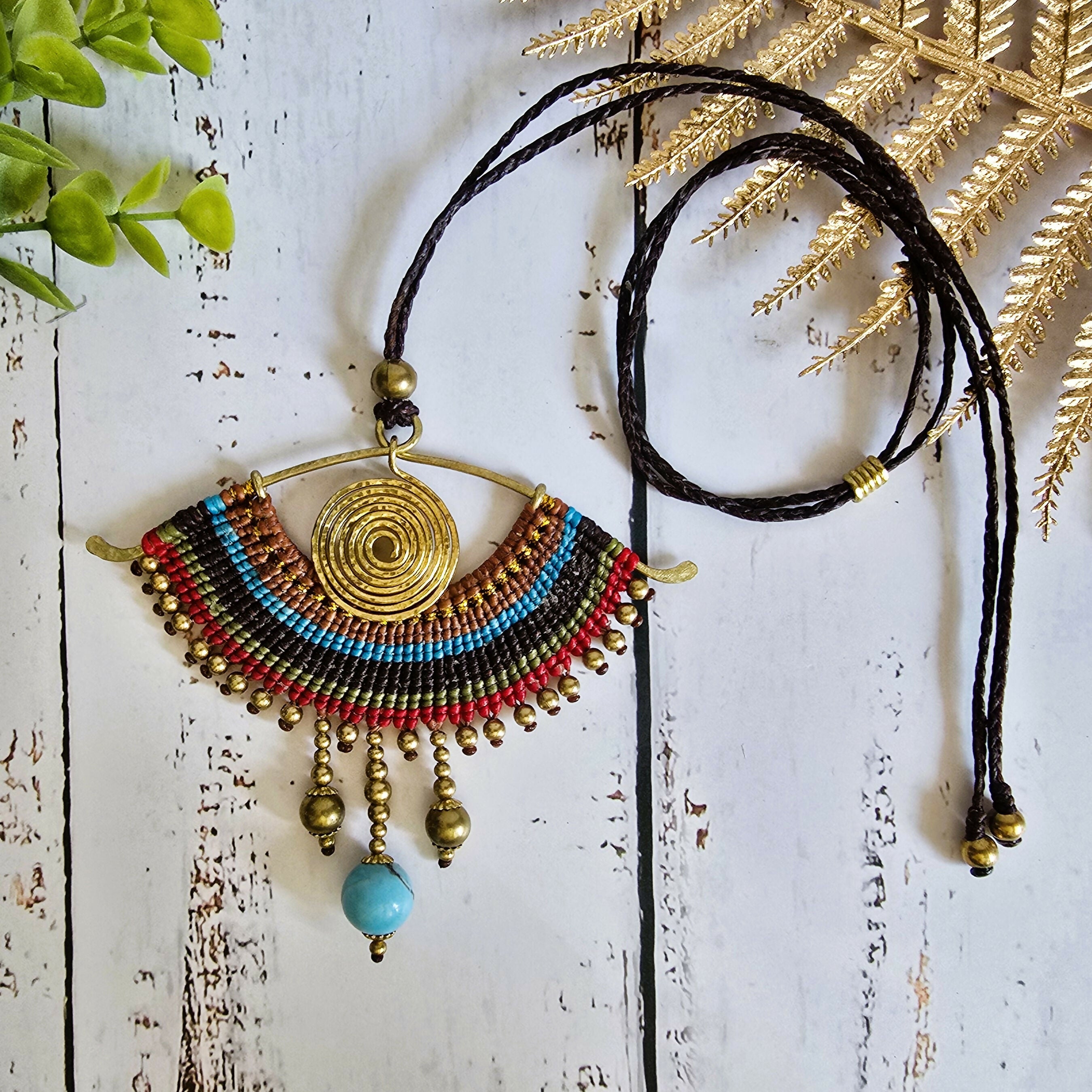 All-Seeing Eye Necklace; Turquoise Crystal Macramé Pendant With Handcrafted Brass Spiral Wire-Art
