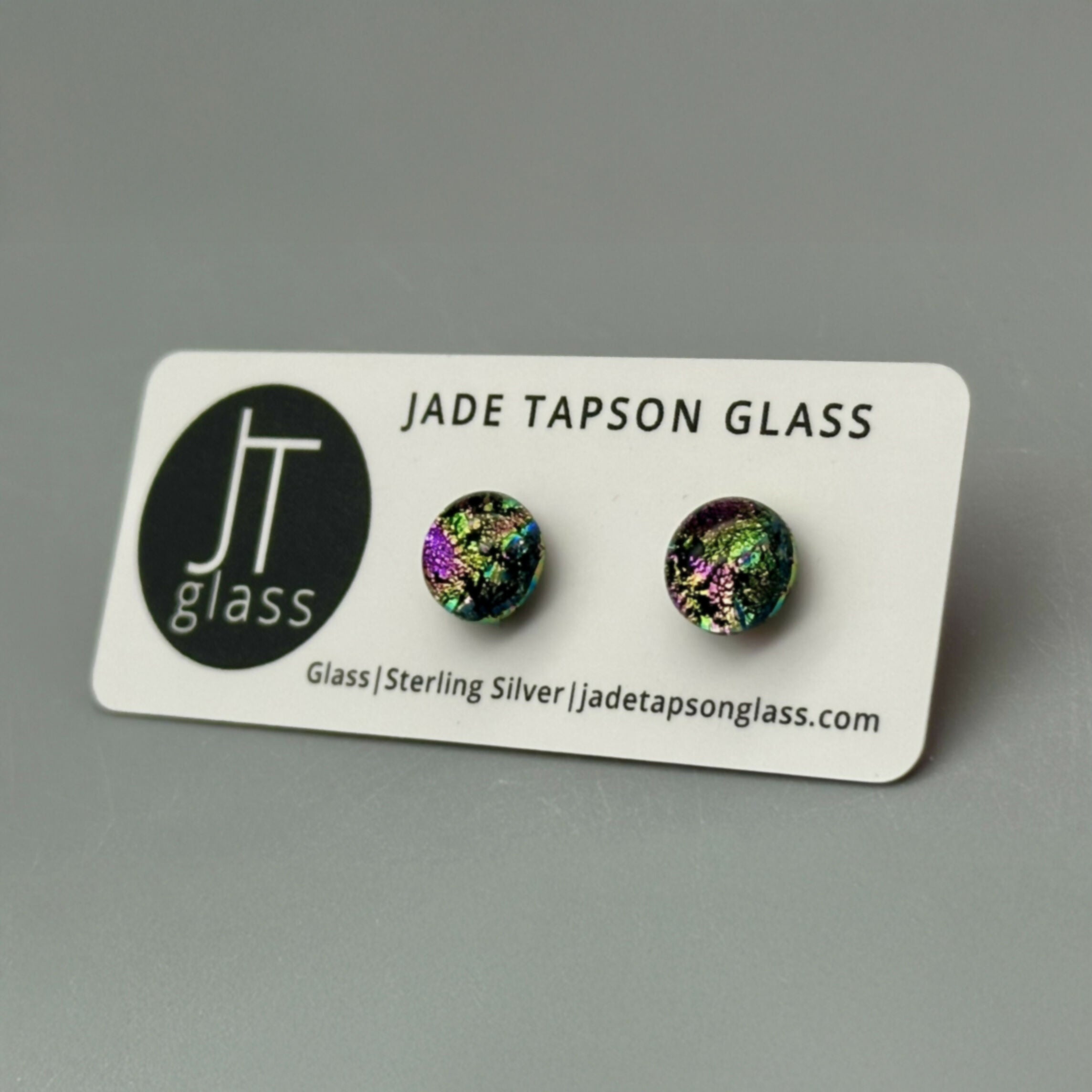 Pink Raindrop Dichroic Fused Glass Sterling Silver Stud Earrings - Handmade by Jade Tapson Glass.