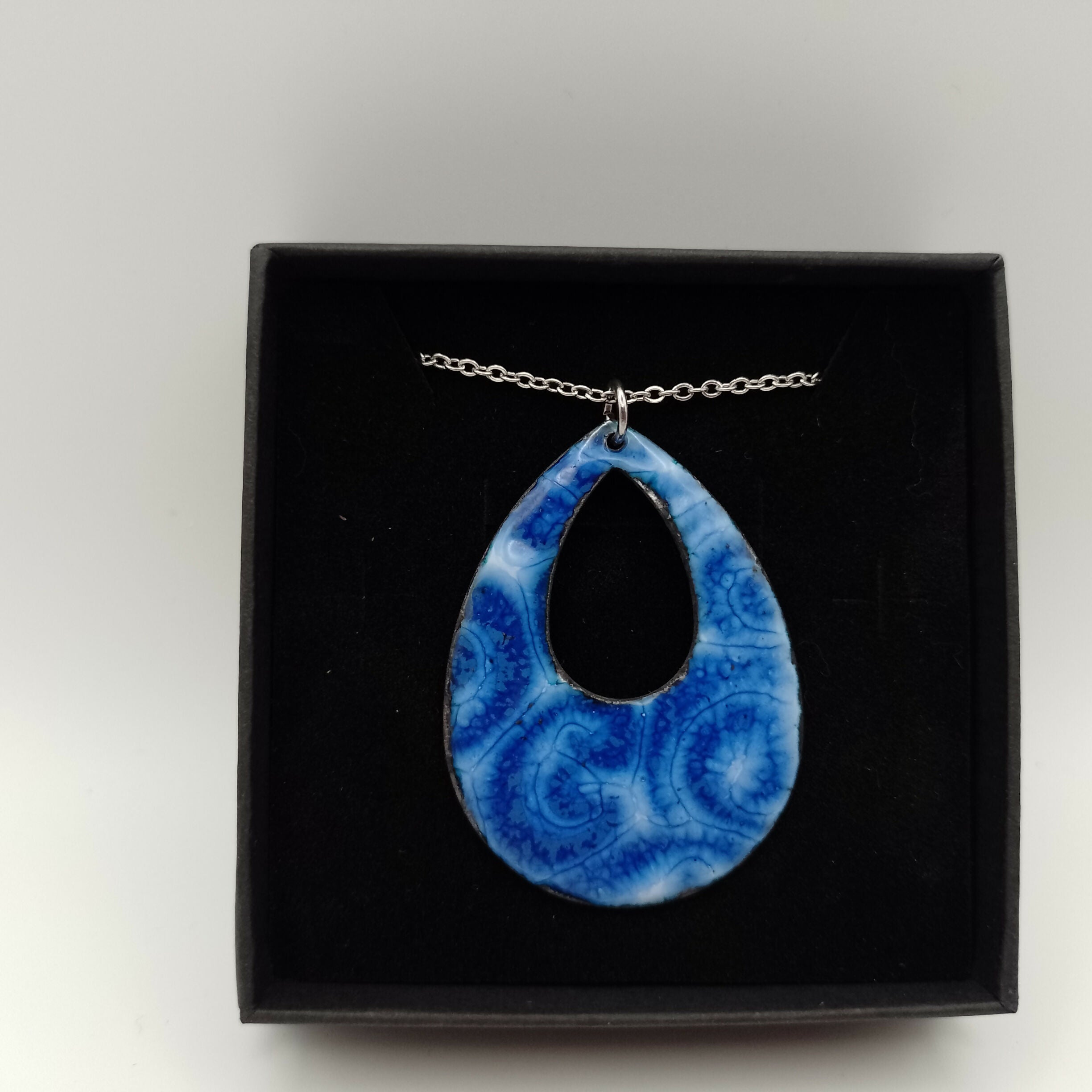 Pale Blue With Dark Blue Pattern on Enamel pendant
