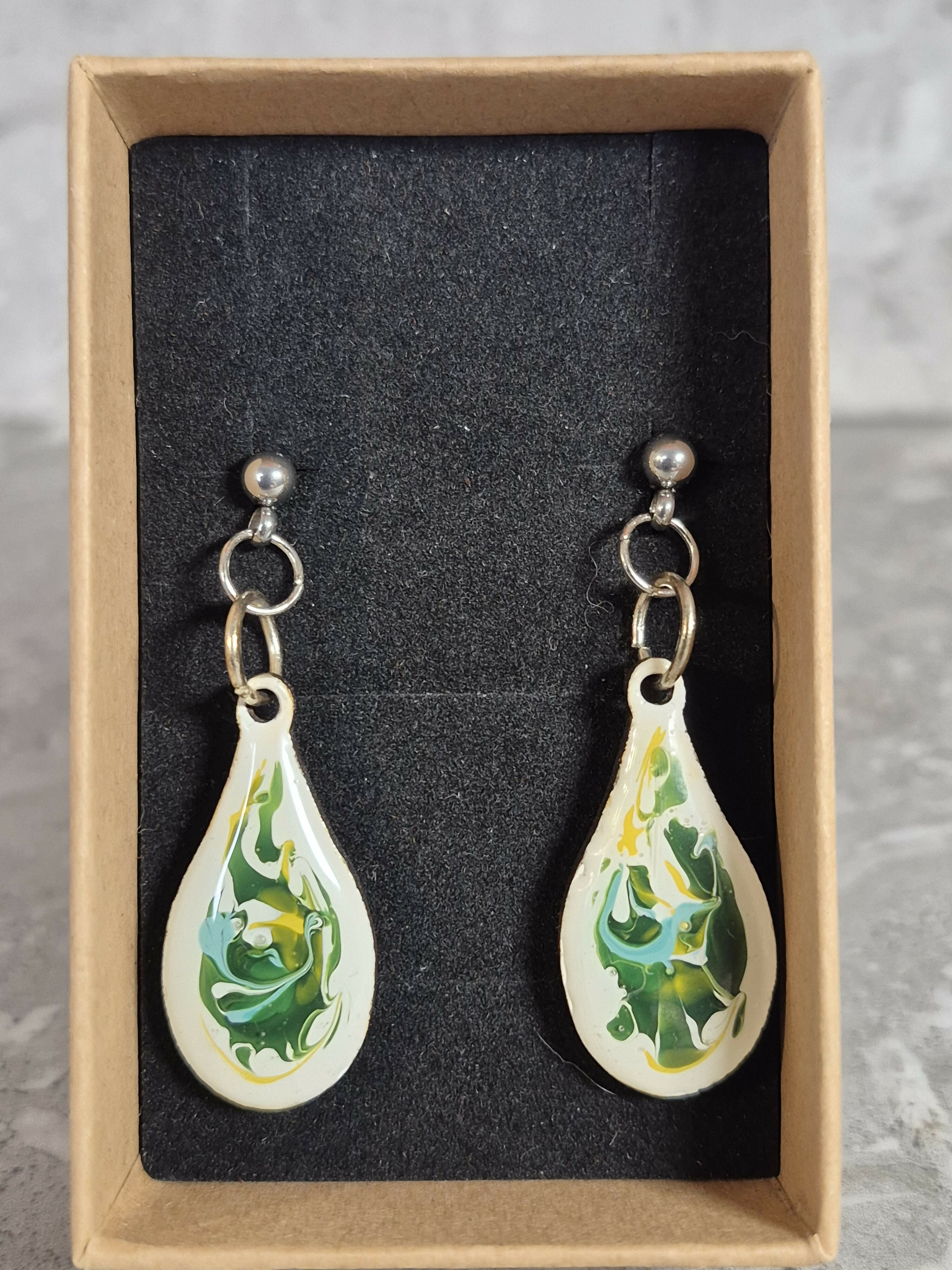 Handcrafted Teardrop Shaped White, Green, Teal And Yellow Earrings