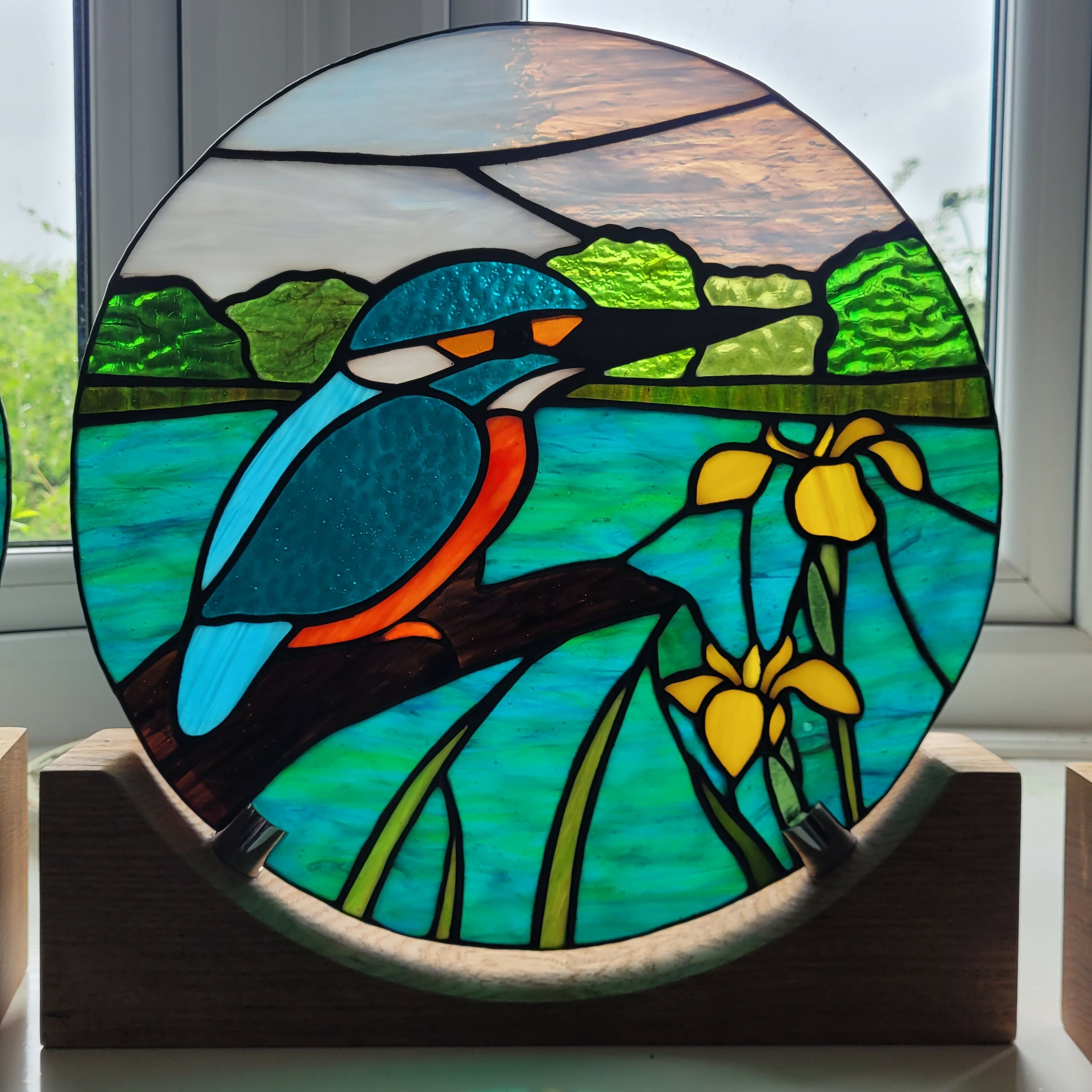 Glass Kingfisher Panel on oak wood display