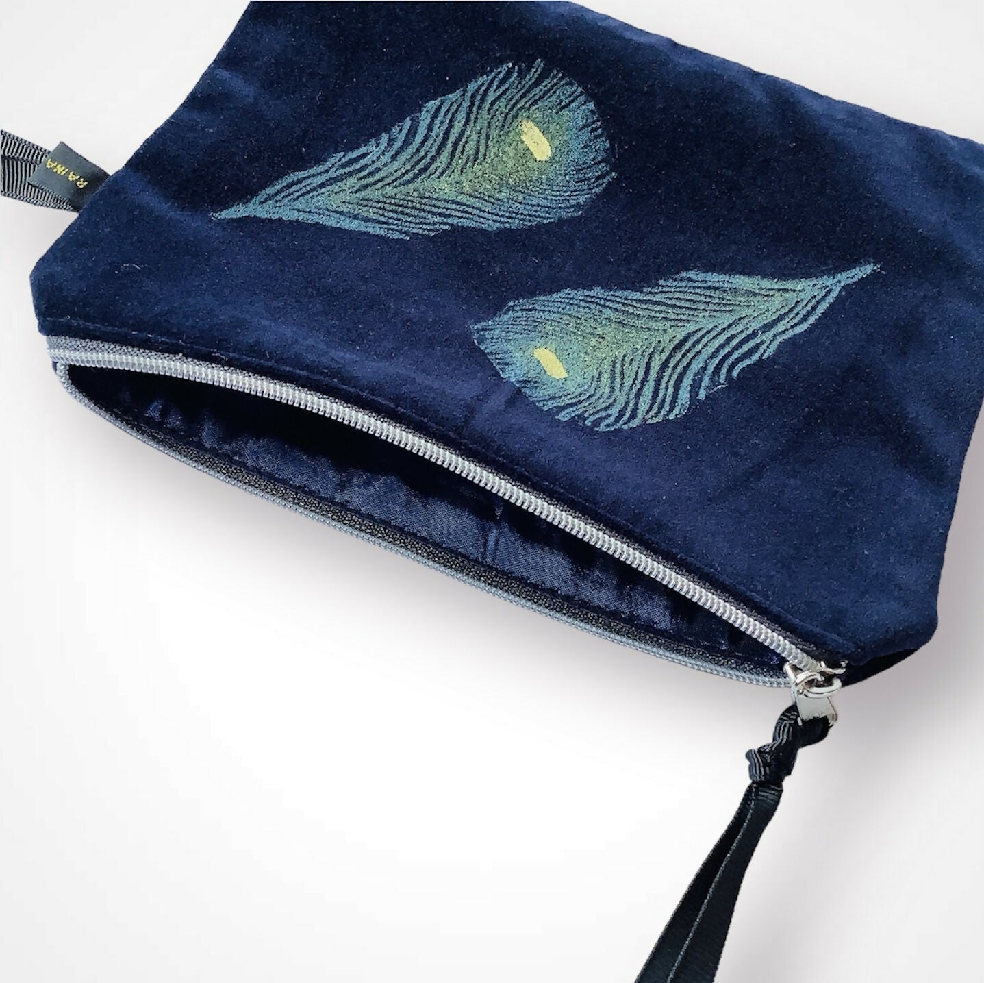 Navy Peacock Feathers Velvet Zip-Up Pouch with Wrist Strap