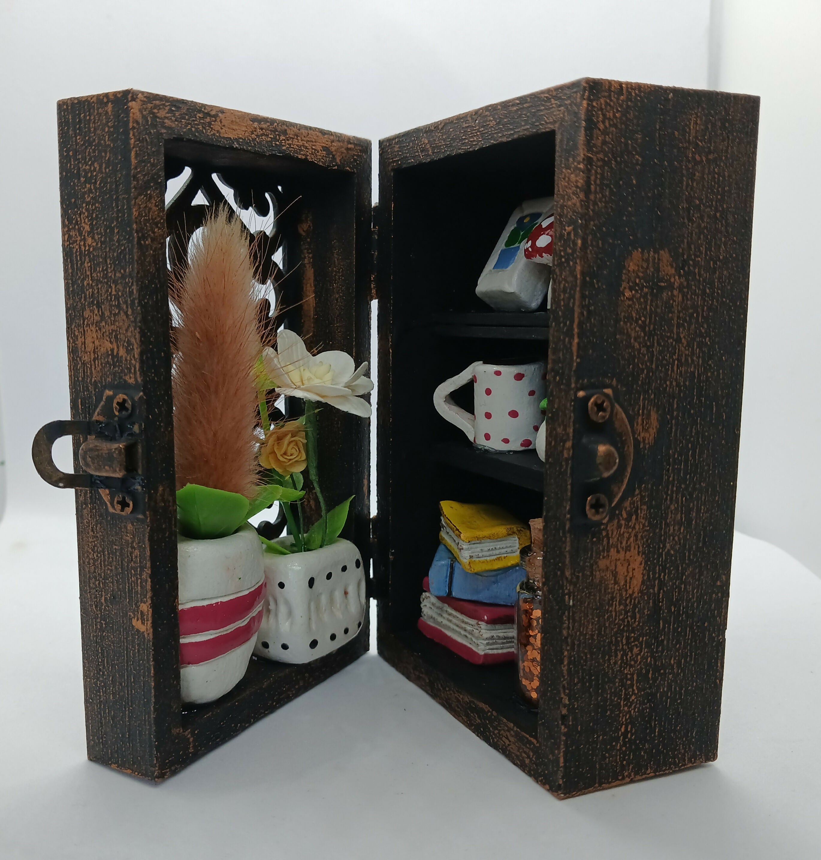 Bookcase Diorama Clay Trinket Filled Wooden Box