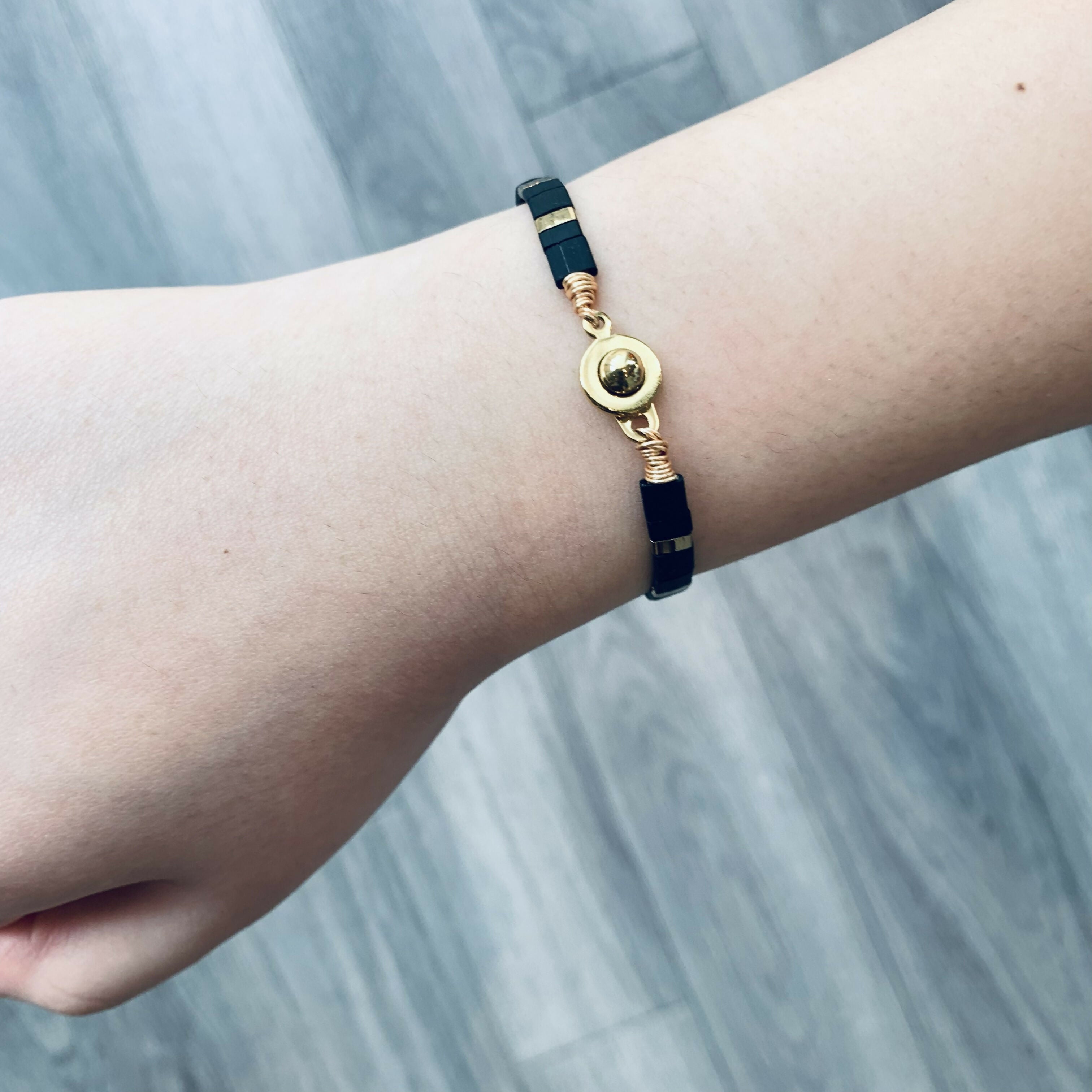 Japanese Tila Glass Bead Bracelet - Matte Black & Gold
