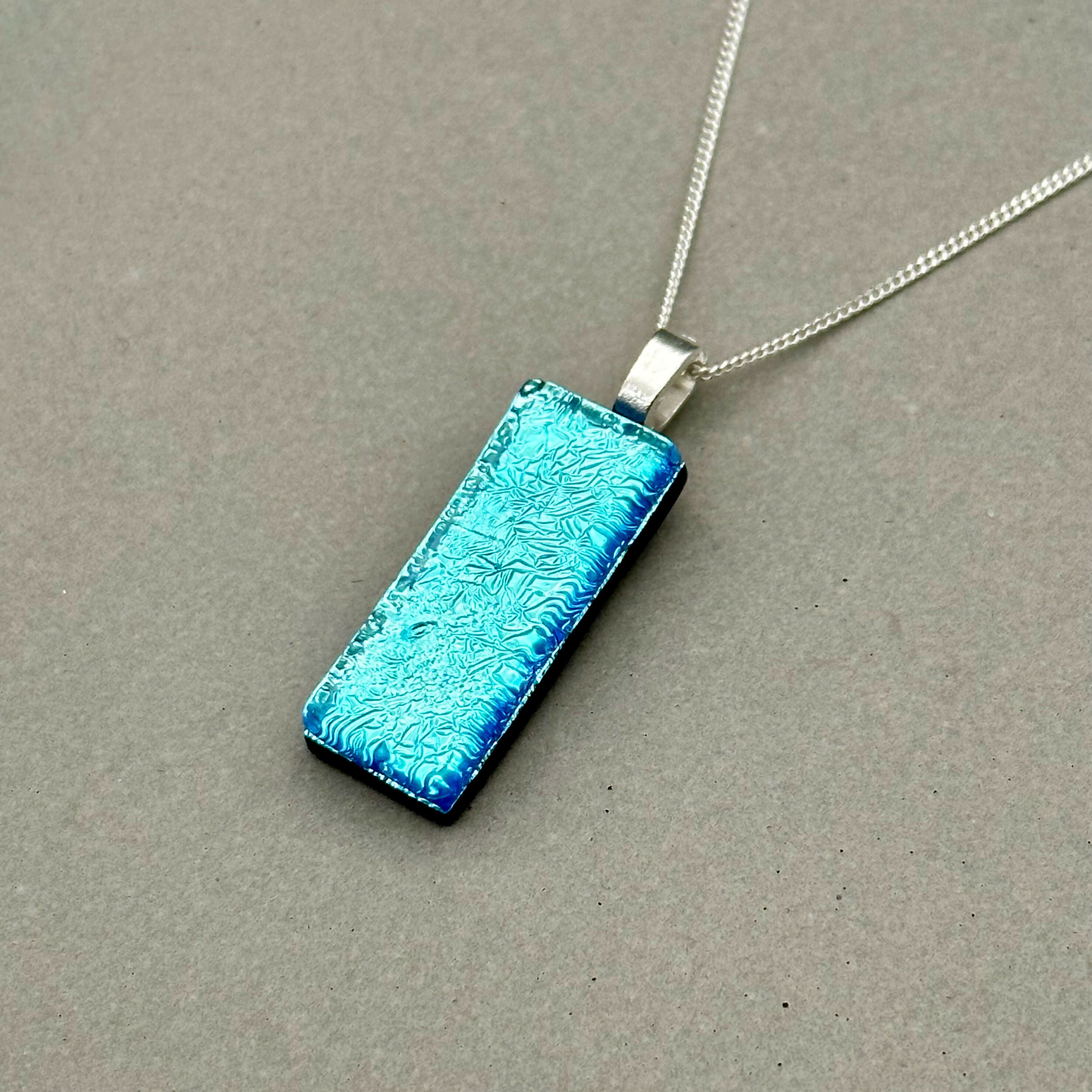Ice Blue Dichroic Fused Glass Pendant with Silver Plated Chain - Handmade by Jade Tapson Glass.