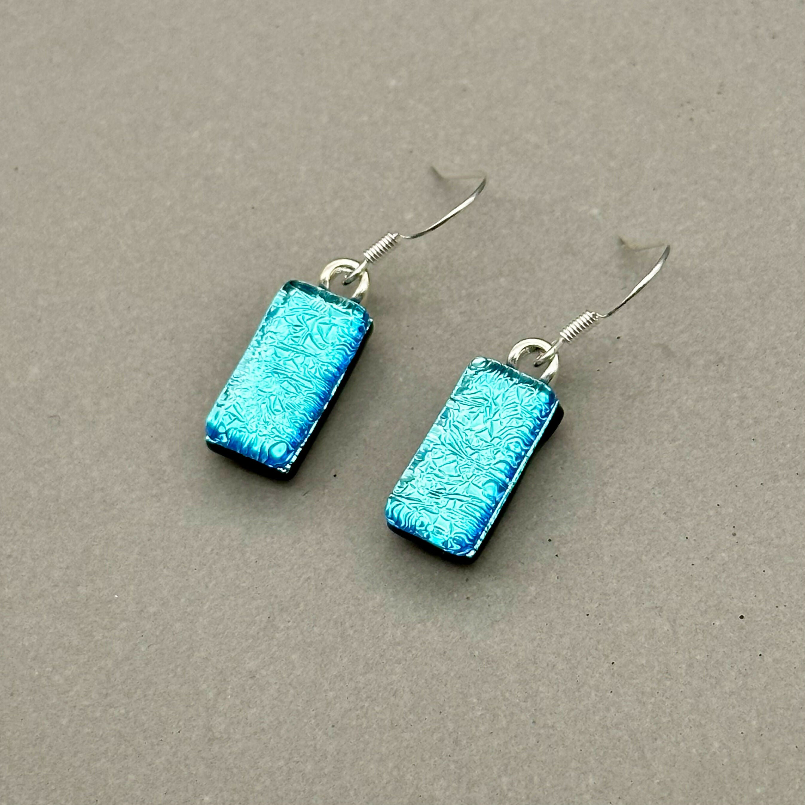 Ice Blue Dichroic Fused Glass Dangle Sterling Silver Earrings - Handmade by Jade Tapson Glass.