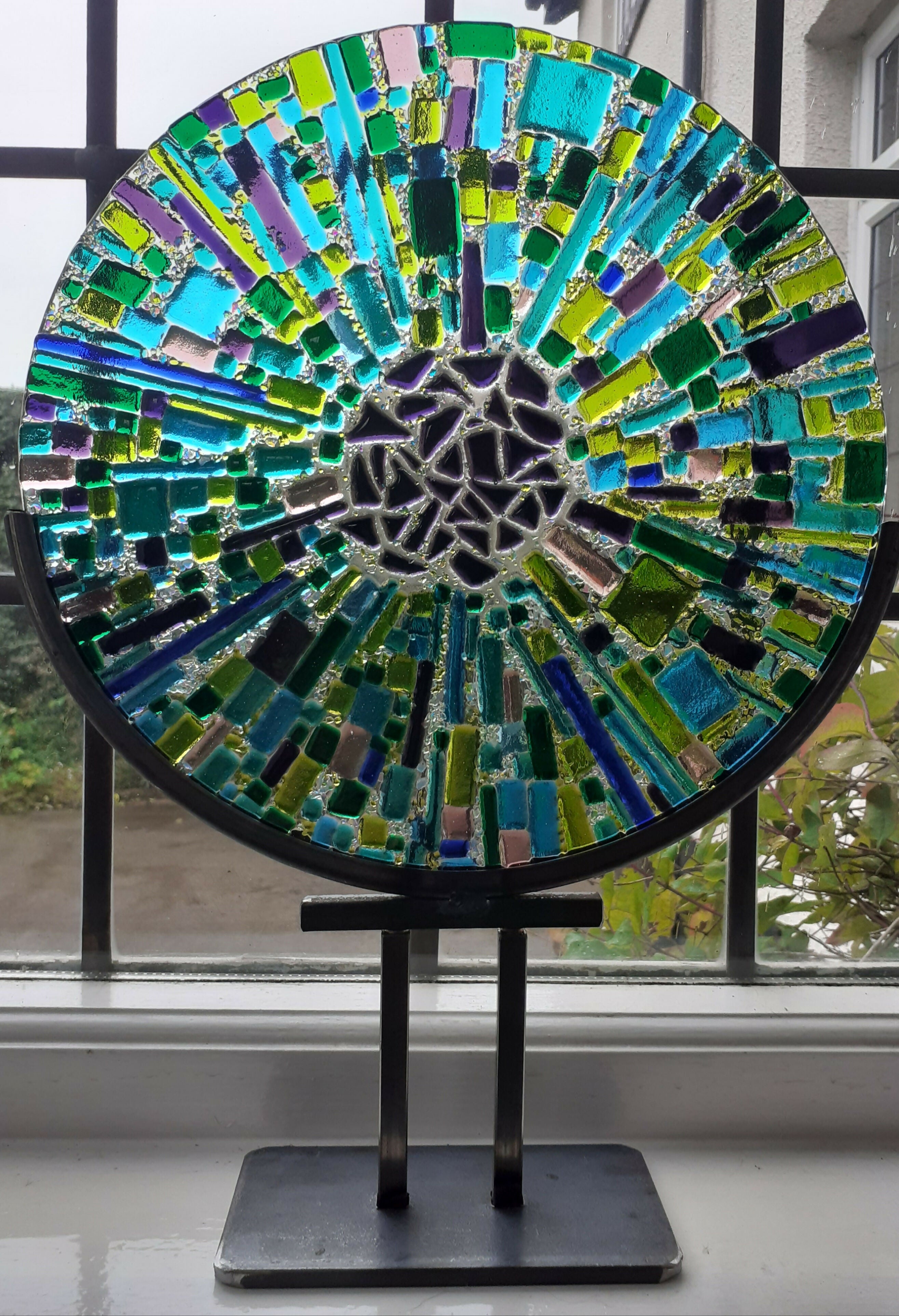 Fused Glass Large Disc - Blue and Green with Industrial Style Stand
