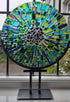 Fused Glass Large Disc - Blue and Green with Industrial Style Stand