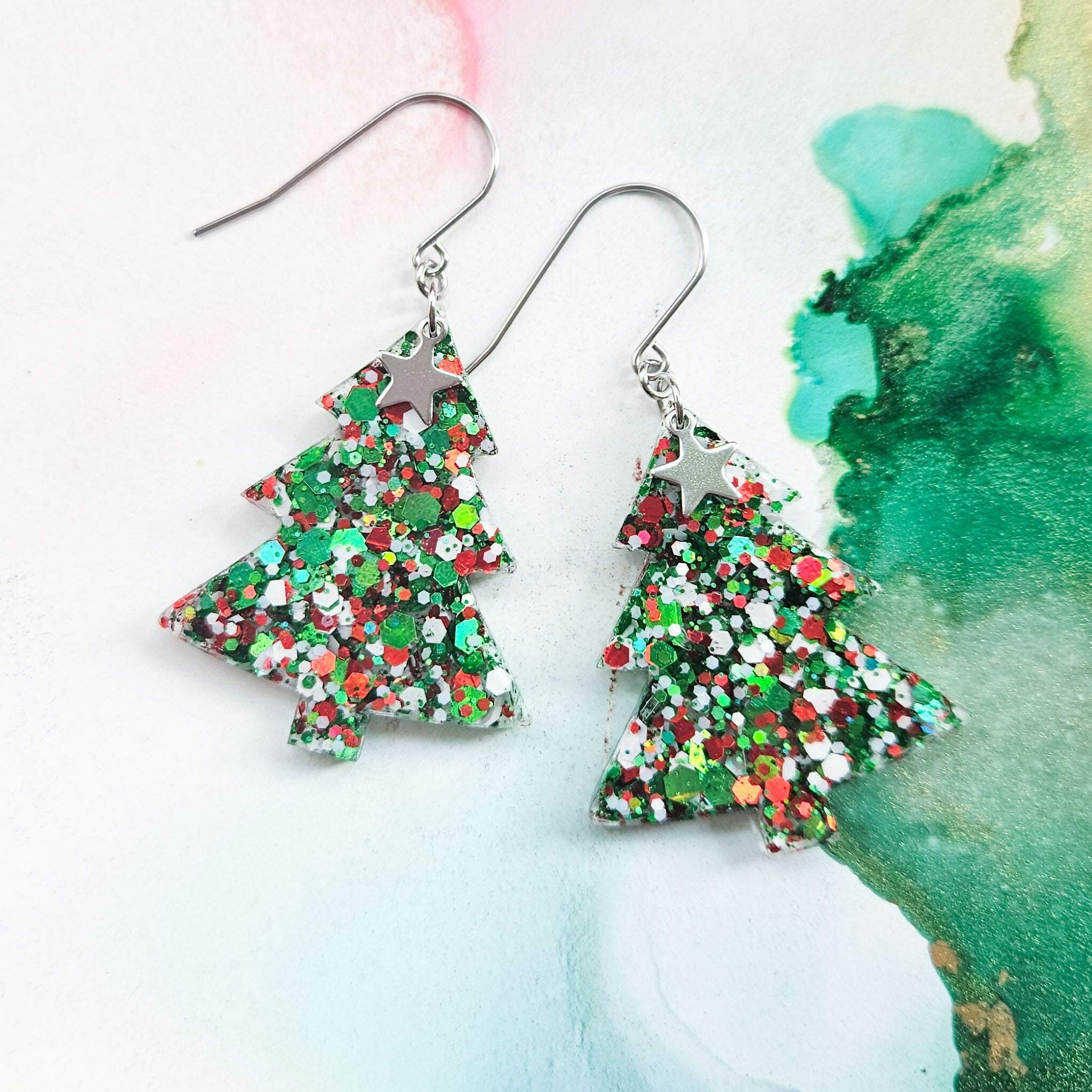 Handmade XL Glitter Resin Christmas Trees Earrings