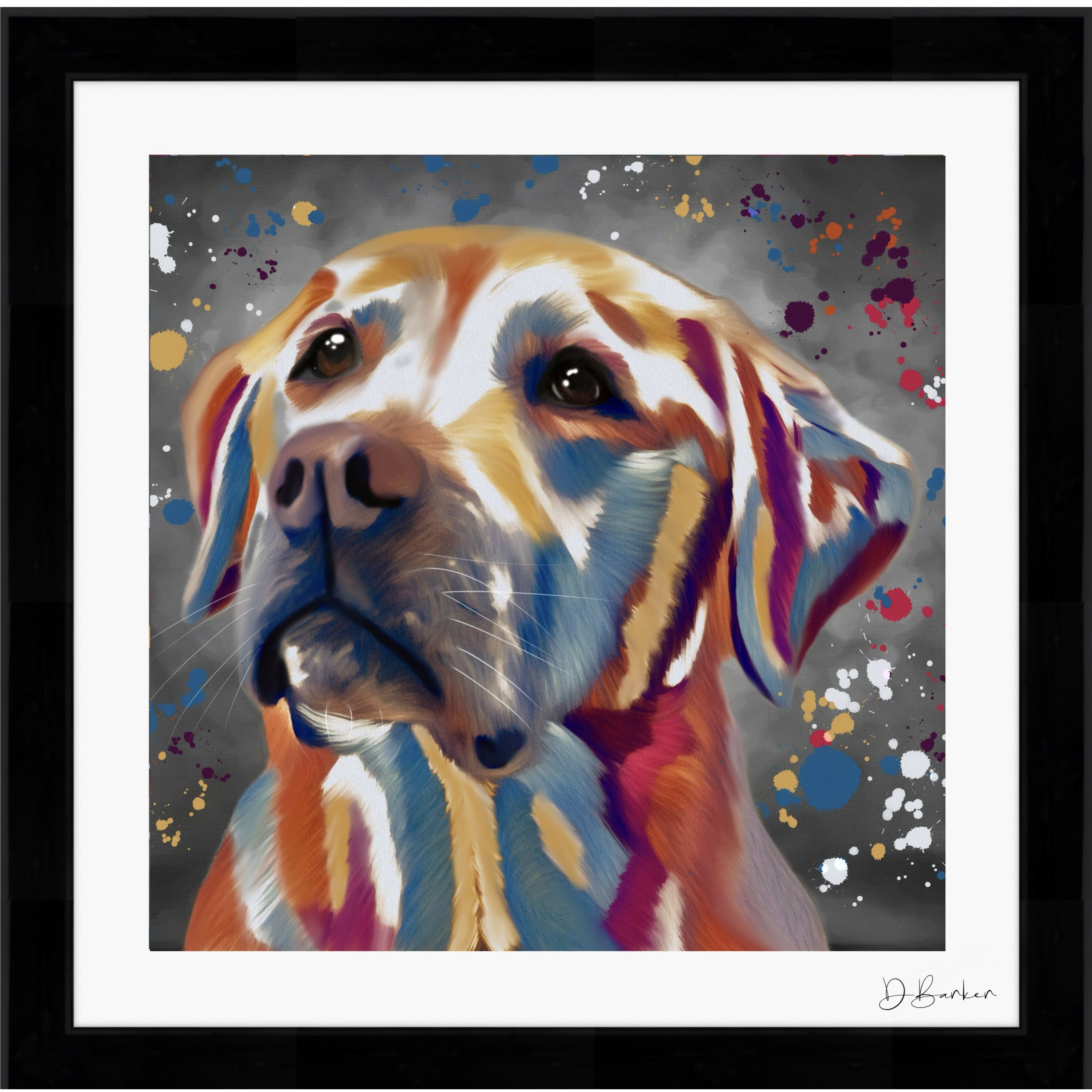 LABRADOR BLONDE DOG COLOUR SPLASH FRAMED ARTWORK.