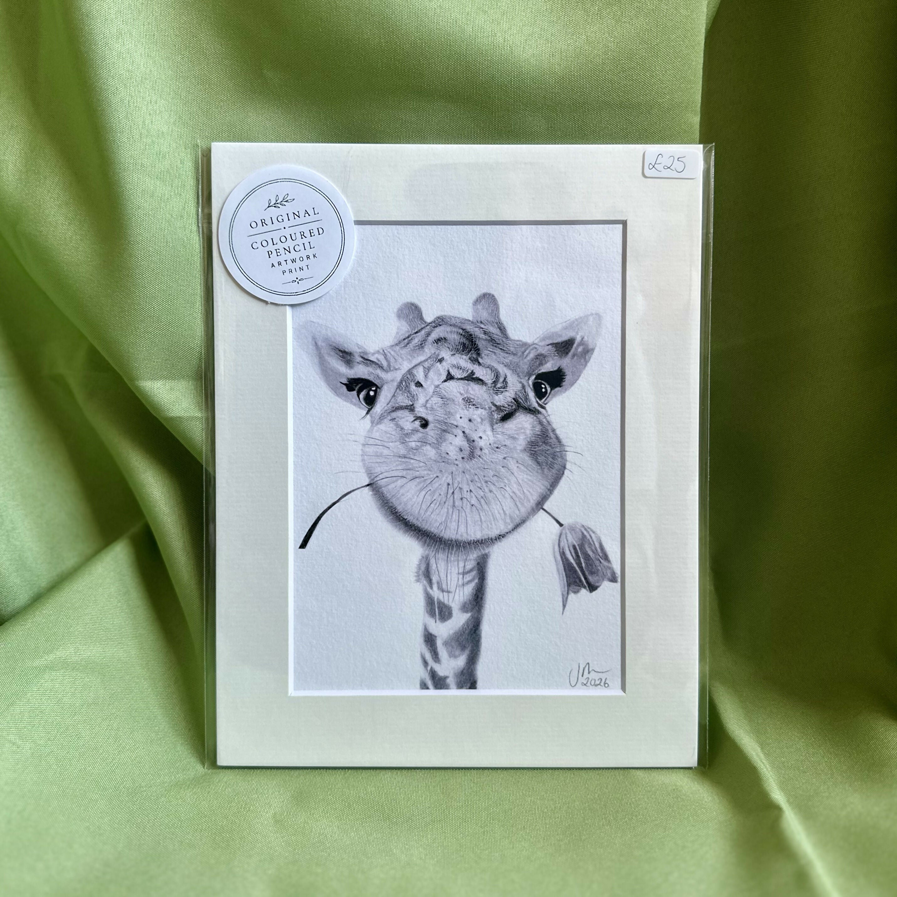 Giraffe with Flower Art Print | Luxury Velvet Paper Print | Cute Animal Decor