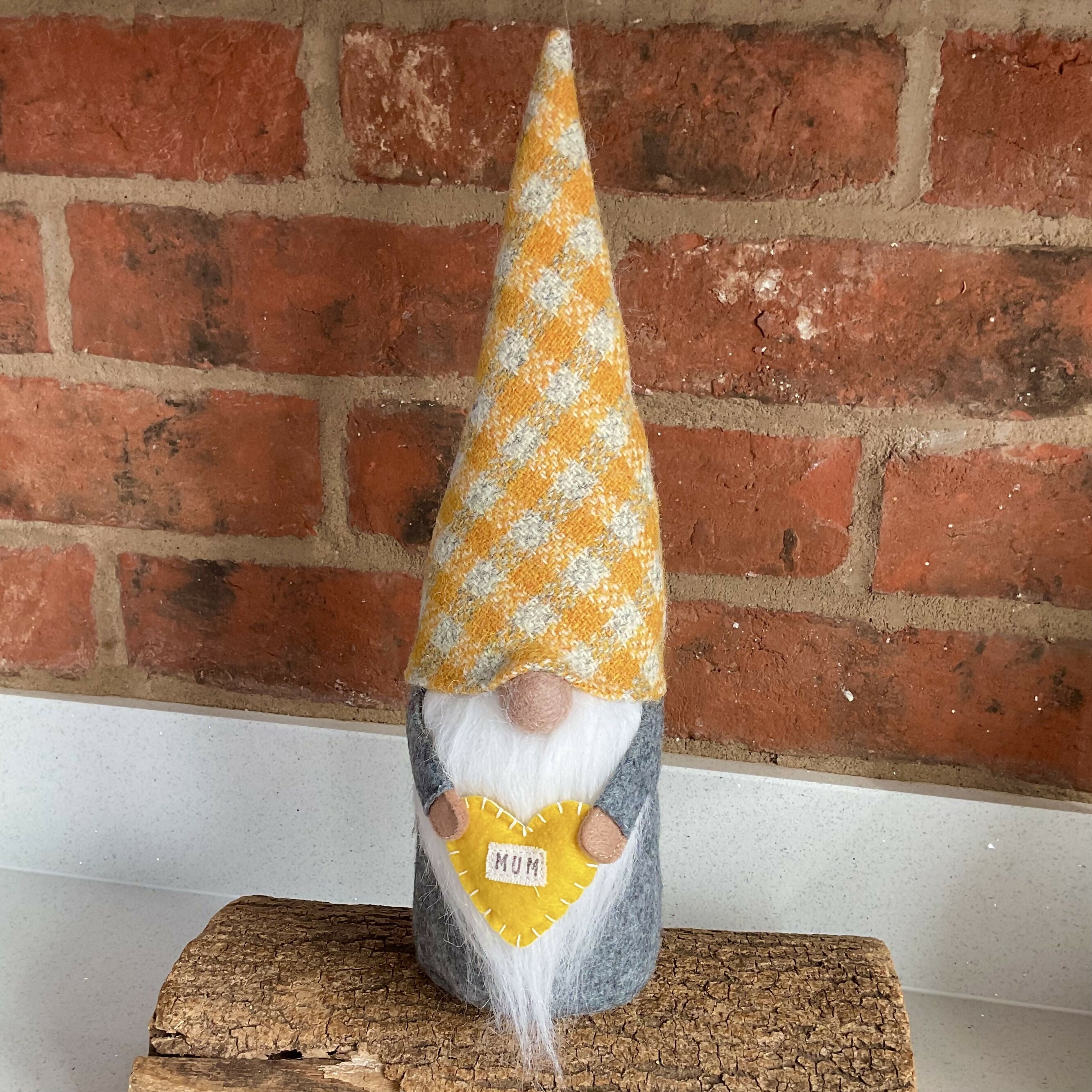 Yellow Harris Tweed Gnome Decoration, Cute Gonk Gift for Mum with Pointy Checked Hat and Love Heart