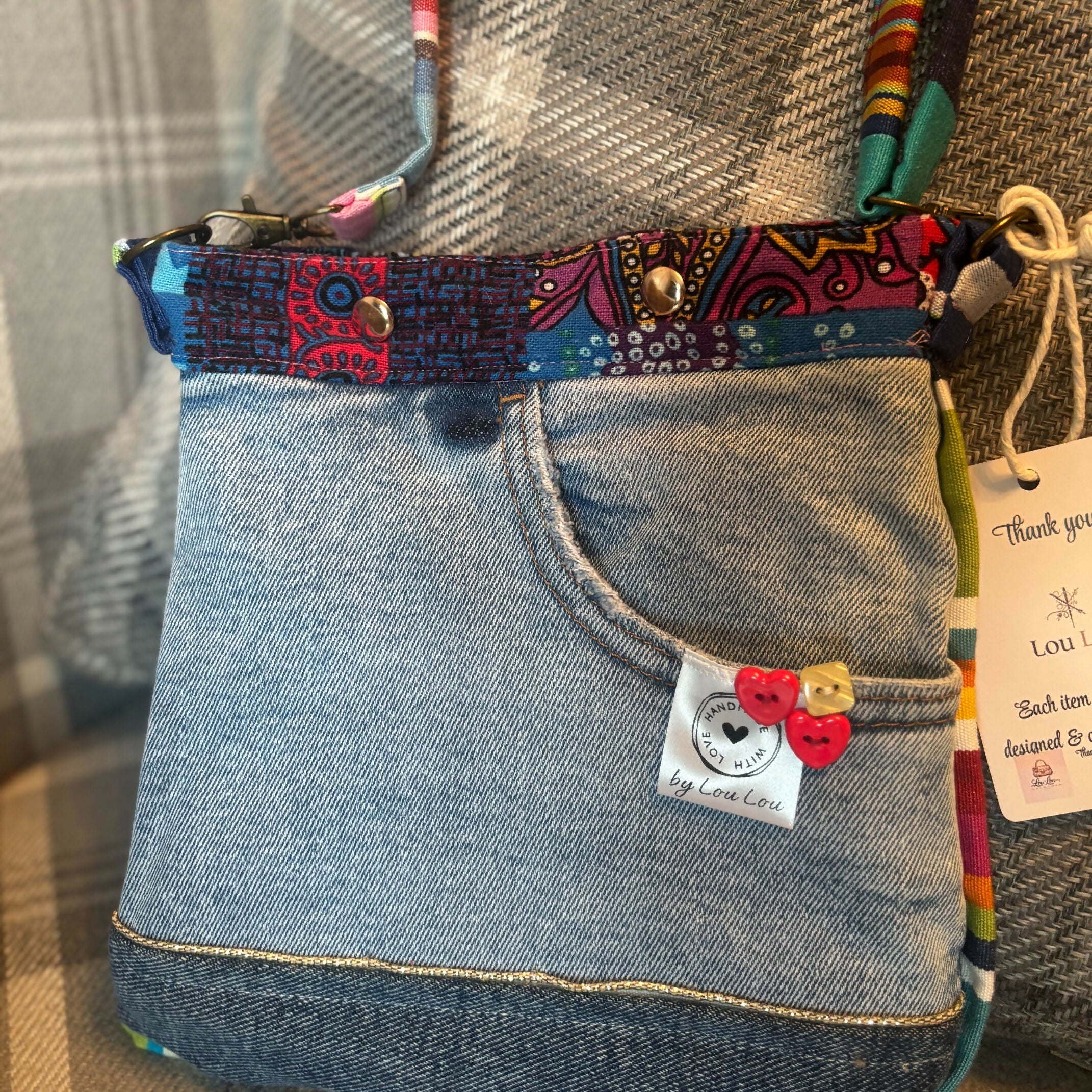 Unique Design Handcrafted Bag Purse Handbag Made From Upcycled Jeans And Bright Fabrics