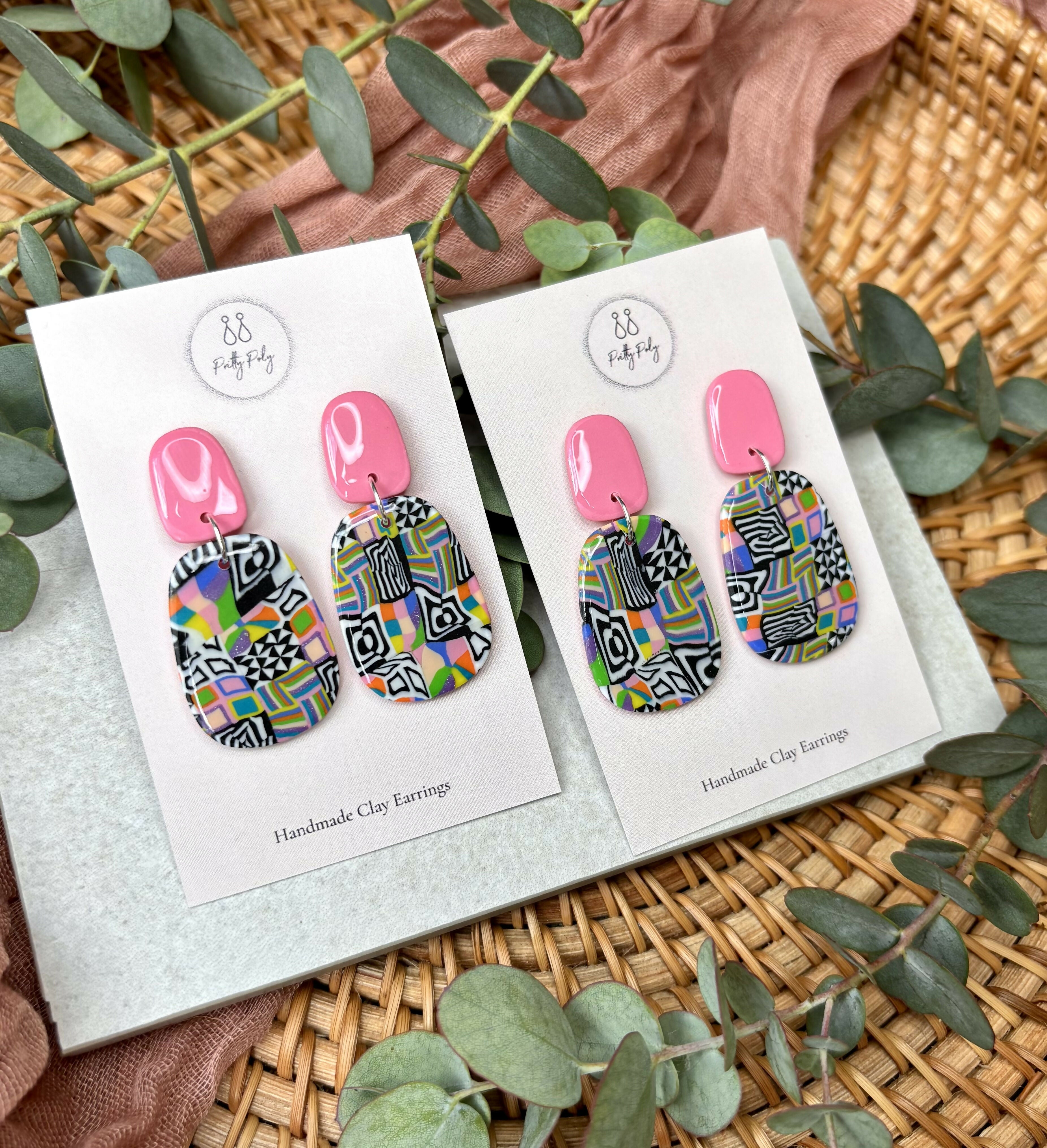 Funky Pattern Collection - Pink Dangle Polymer Clay Earrings