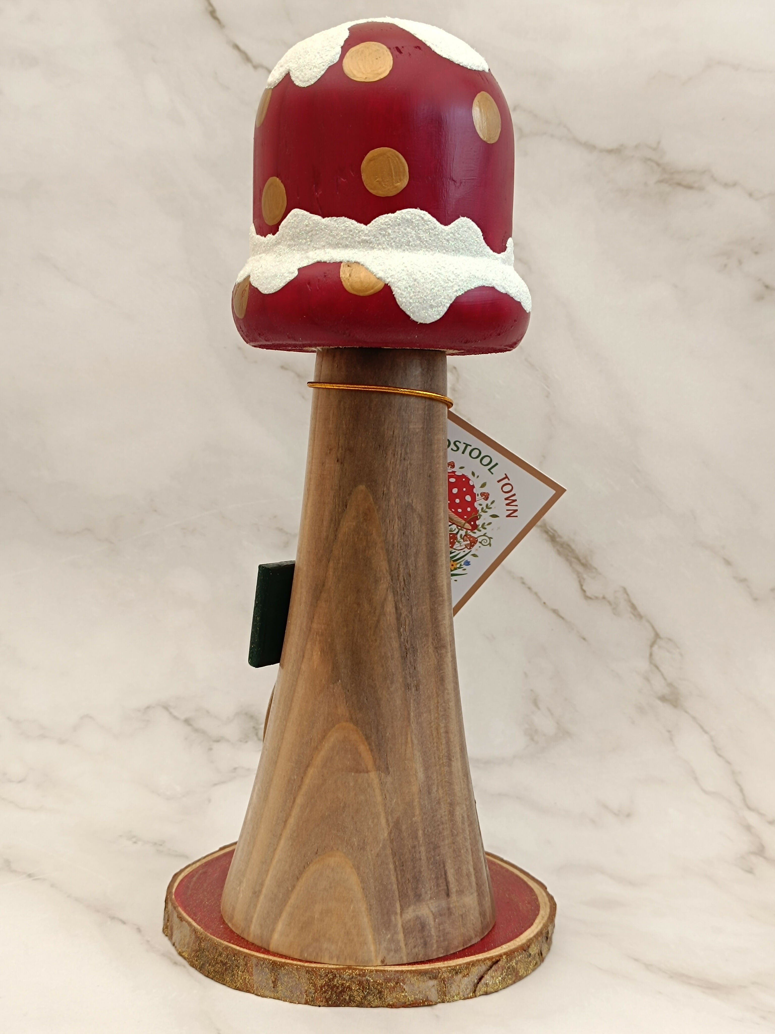 30cm Red Handmade, Free Standing Painted Wooden Bell Shaped Topped Toadstool Elf House With Double Snow - Whimsical Woodland Ornament & Holiday Keepsake