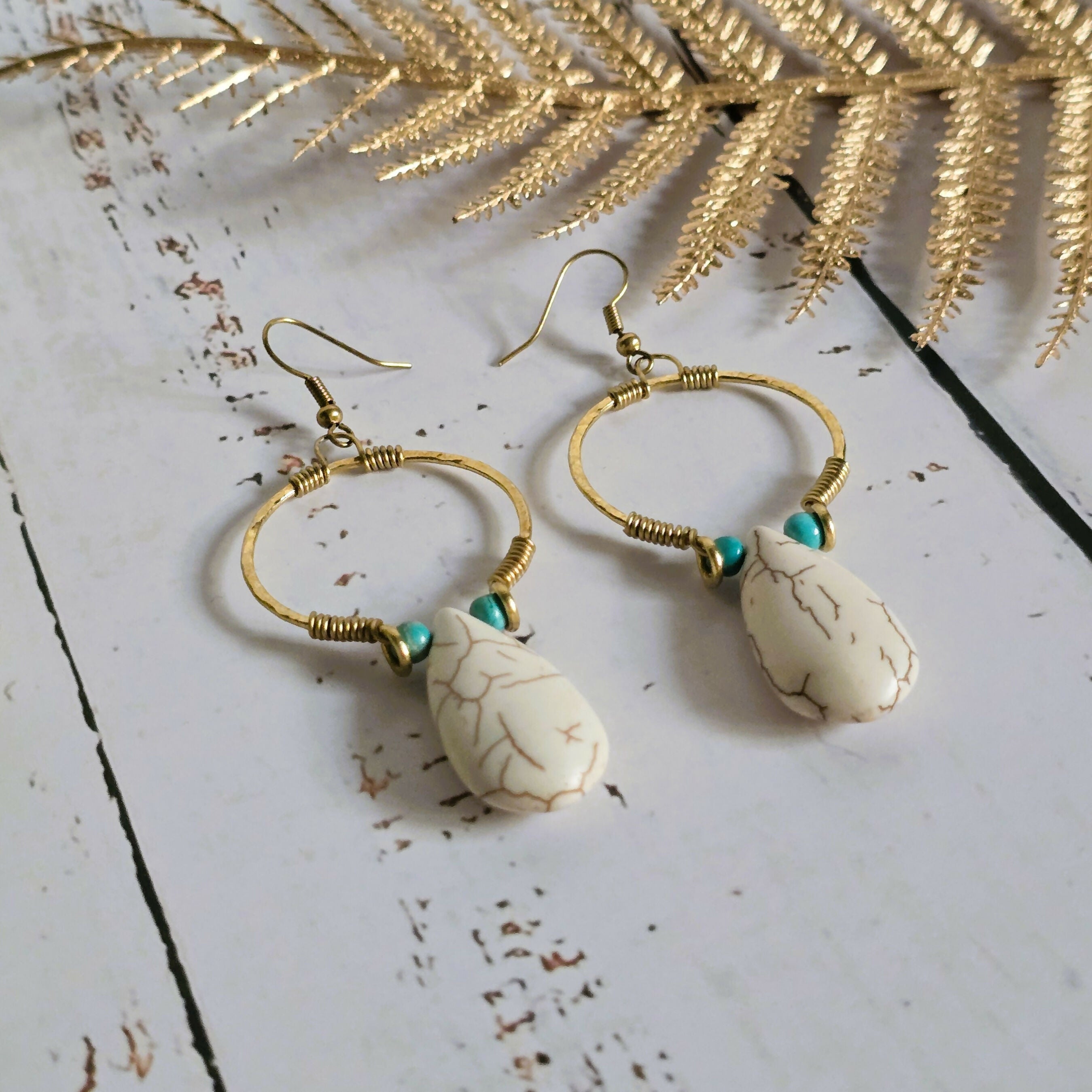 White Howlite Hoop Earrings; Hammered Brass Wire Boho Crystal Turquoise Thai Earrings