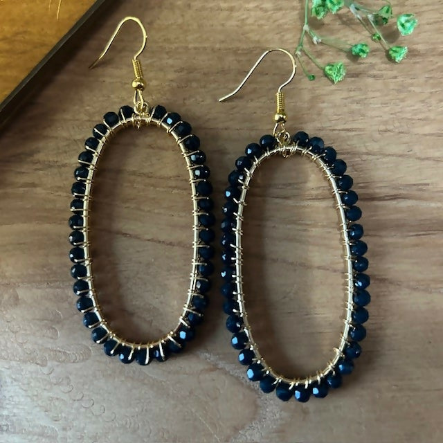 Large Gold Plated Blue Agate Beaded Earrings