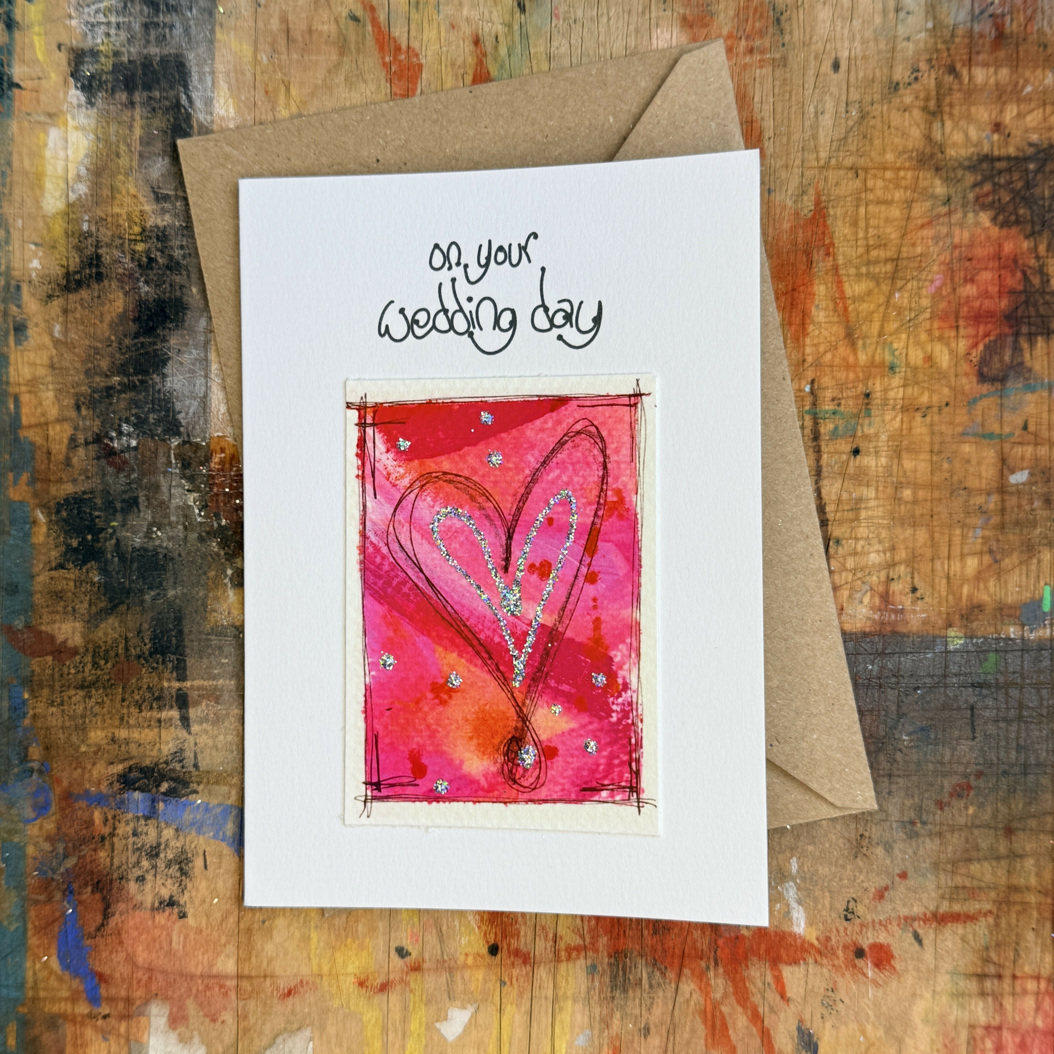 Abstract Sparkle Heart On Your Wedding Day Card in Pink