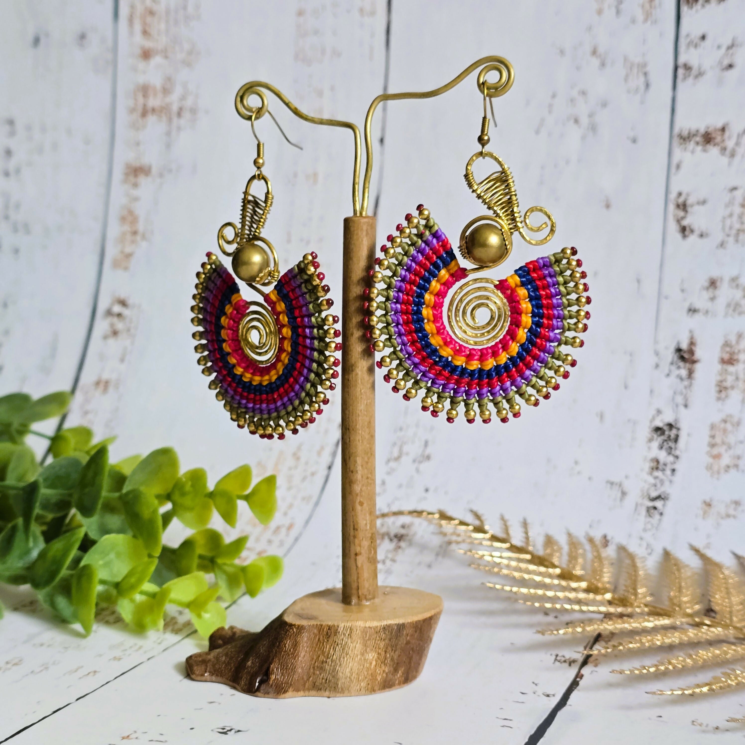 Rainbow Macrame Earrings: Gold Brass Spiral Boho Statement Earrings