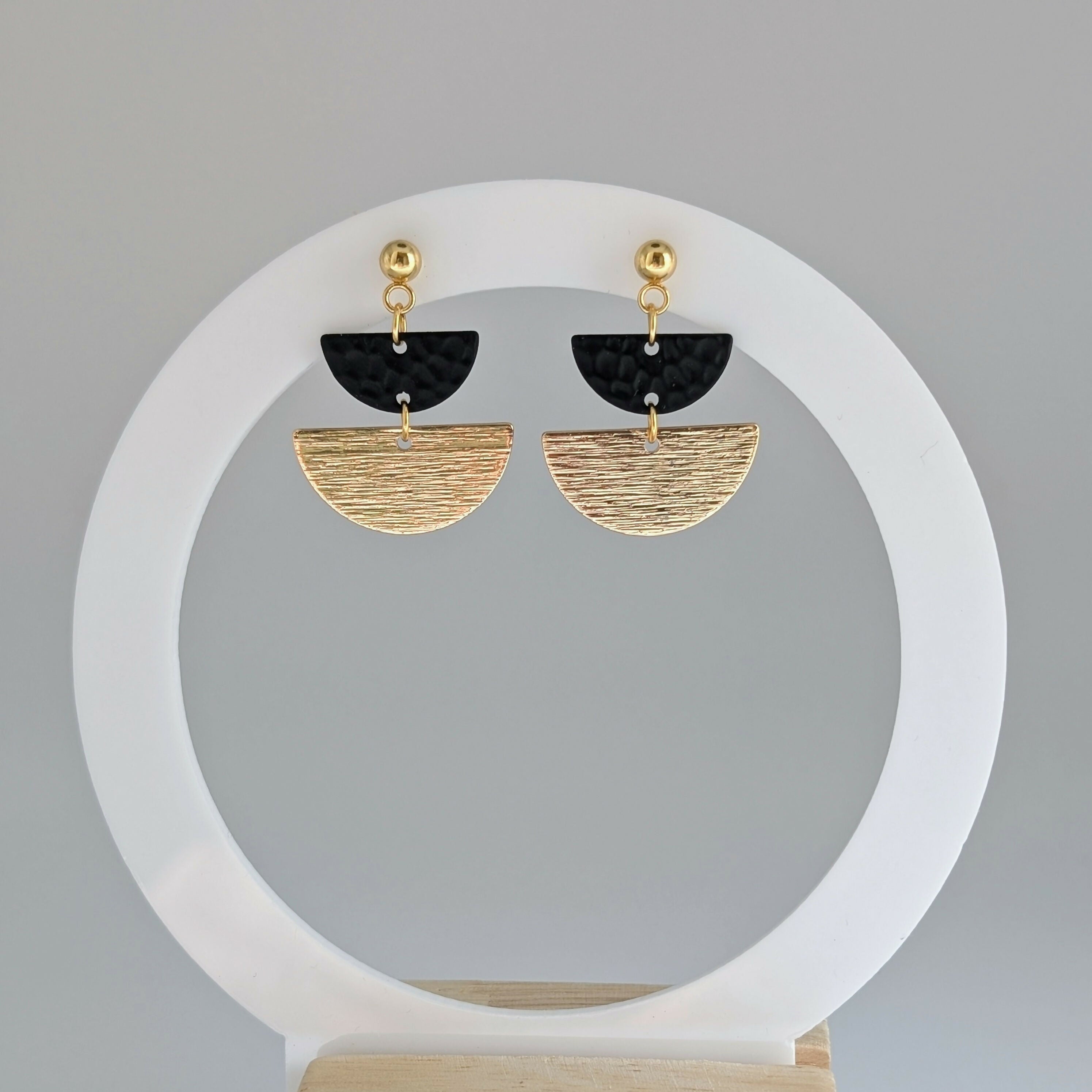 Geometric Black and Gold Half Moon Earrings on Gold Plated Ball Stud
