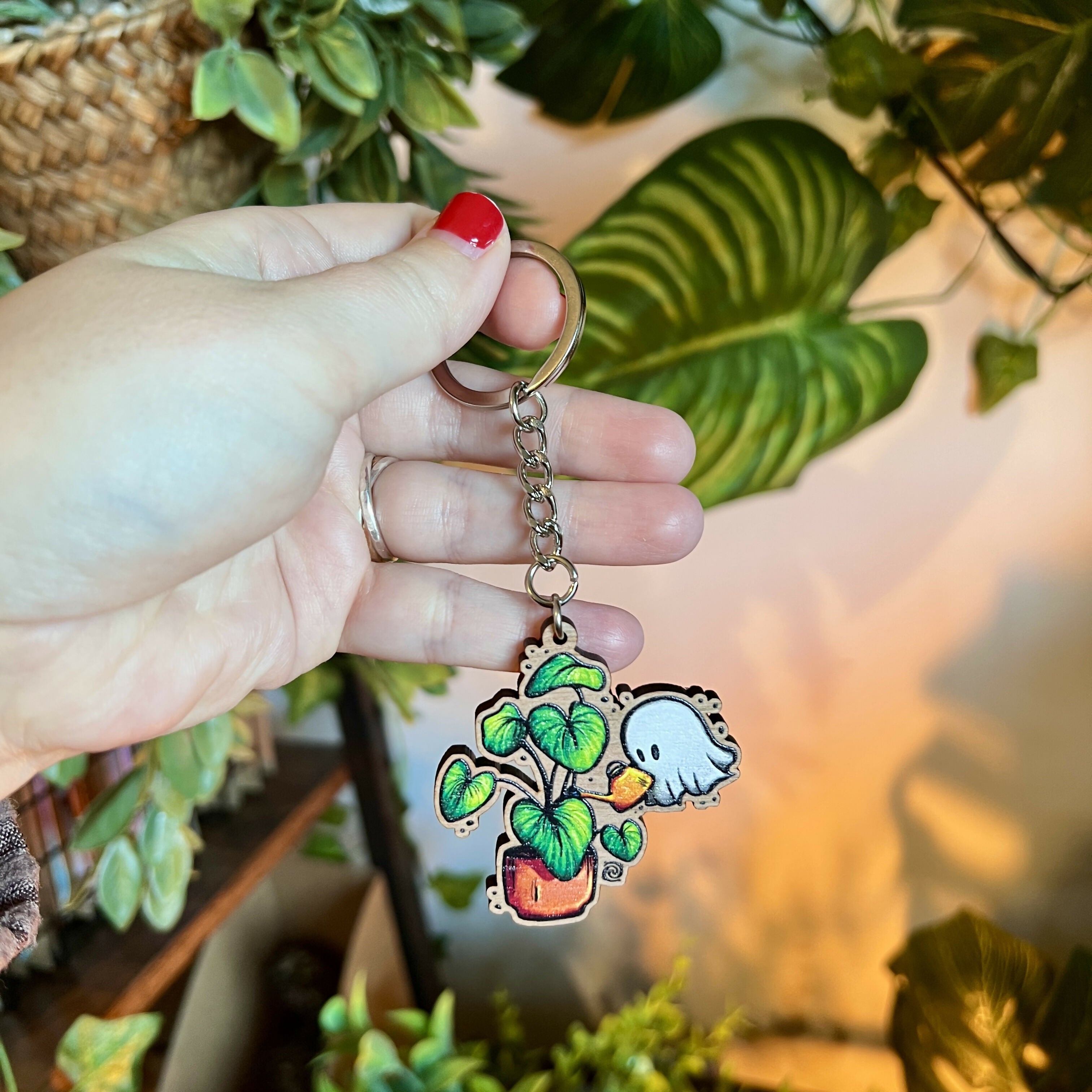 Ghost and Plant Wooden Keyring