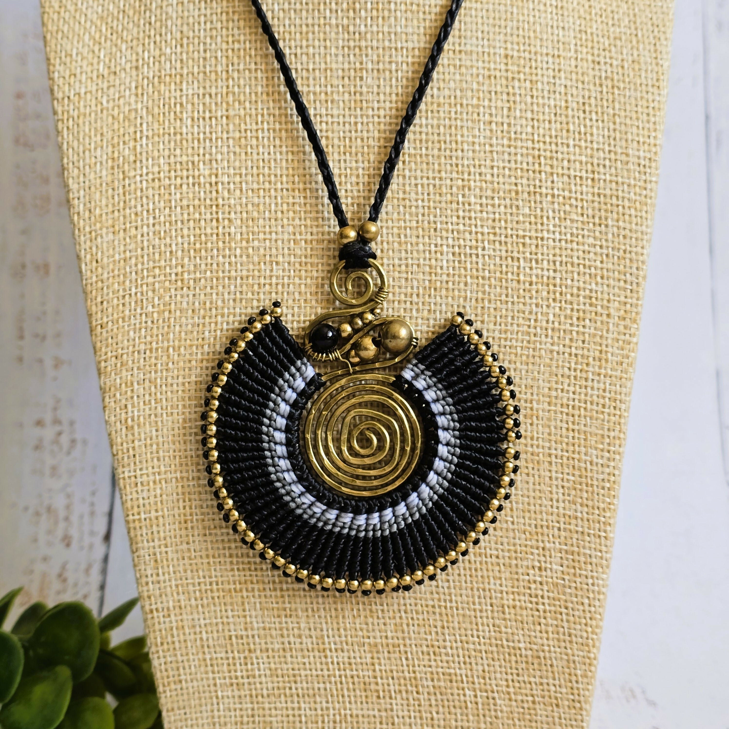 Black Agate Macramé Necklace; Full Moon Boho Statement Pendant with Gold Spiral