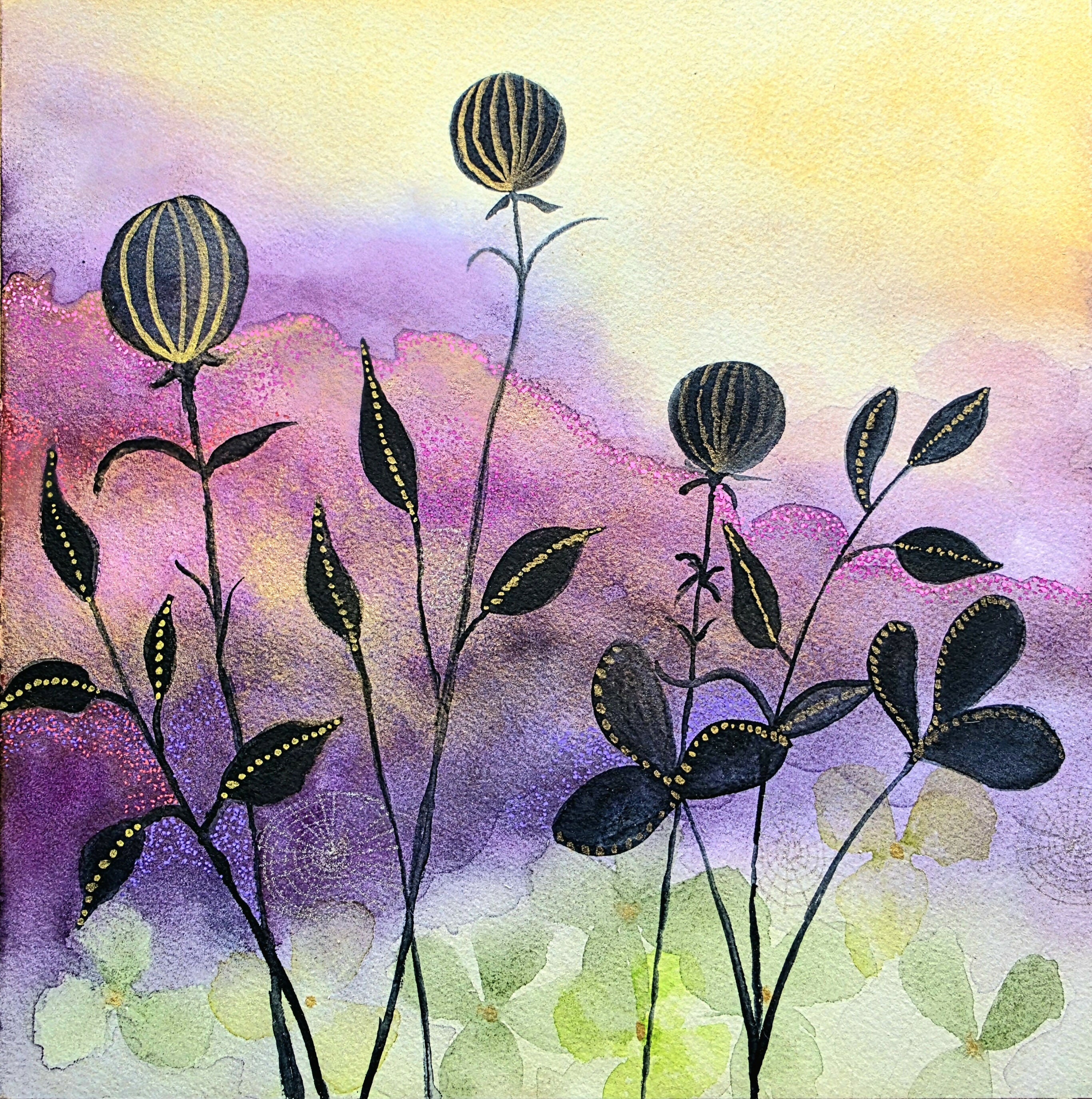 'Whimsical Hedgerow' Original Mixed Media Painting