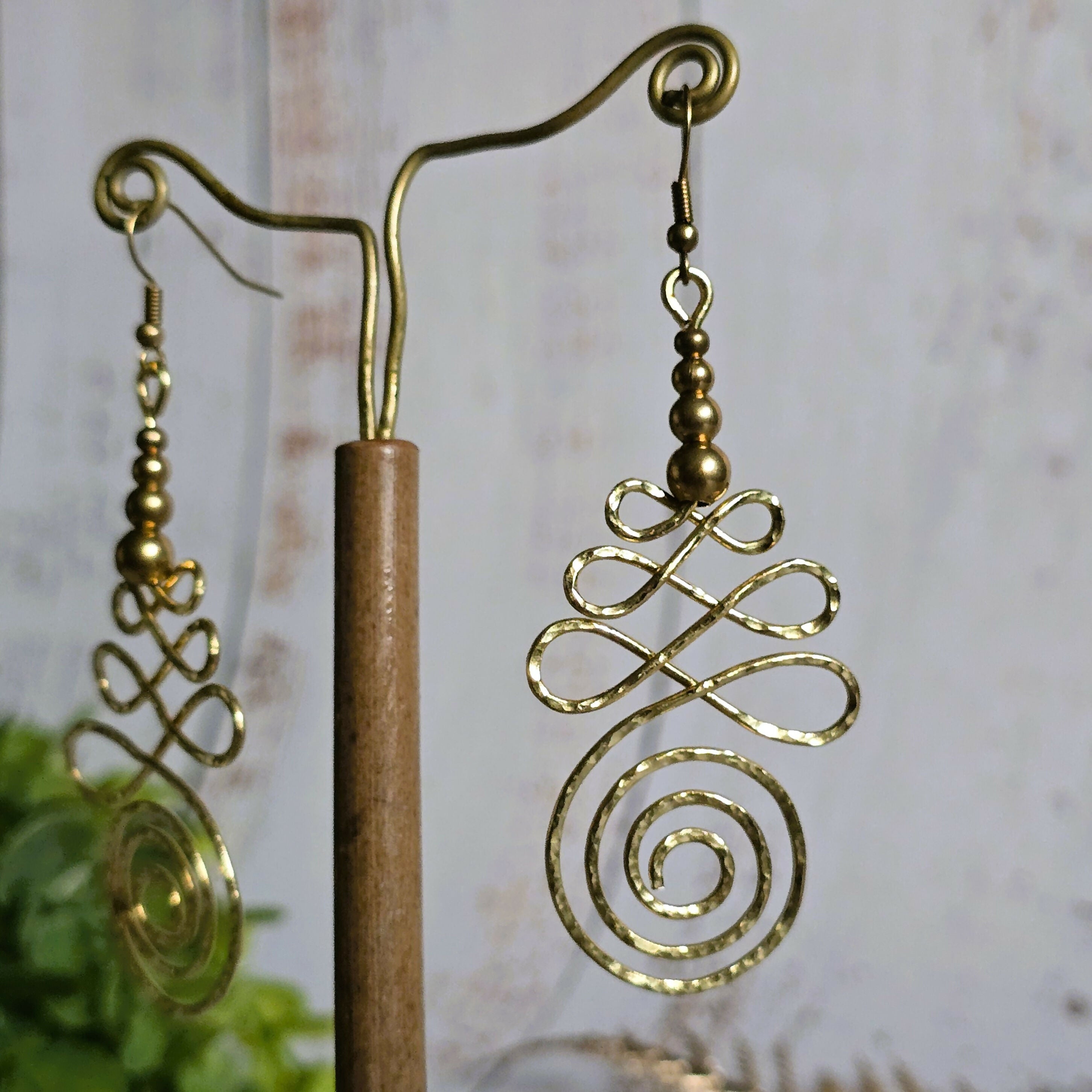 Gold Unalome Earrings; Hand Sculpted Brass Wire Spiral Buddhist Boho Thai Earrings
